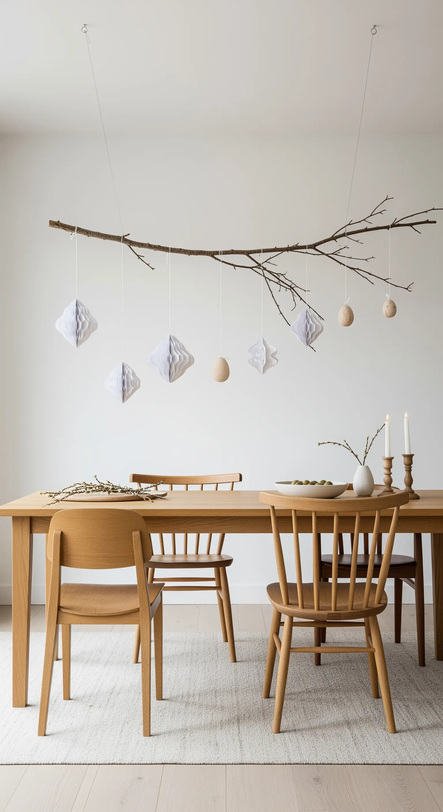 Ein über dem Esstisch hängender Ast mit Papier- und Holzornamenten