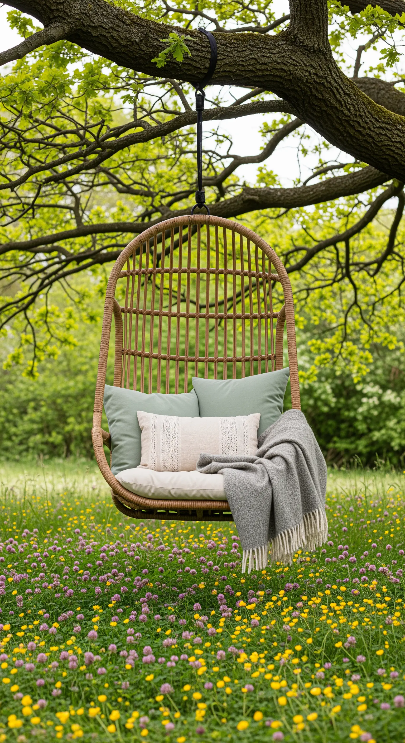 Rattan-Hängesessel mit Kissen und Decke in einer Wildblumenwiese