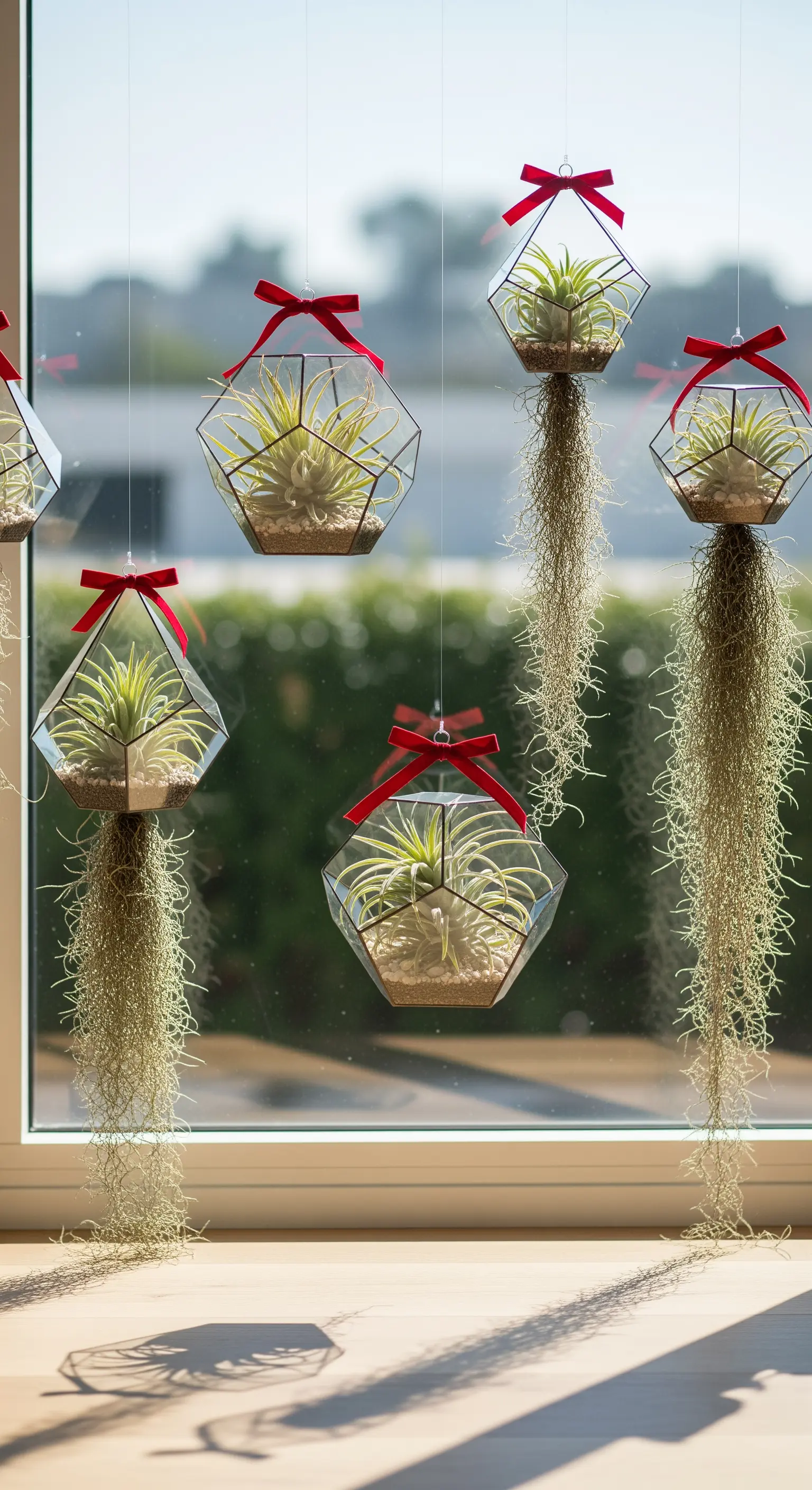 Geometrische Glas-Terrarien mit Luftpflanzen und roten Schleifen hängen vor einem Fenster.