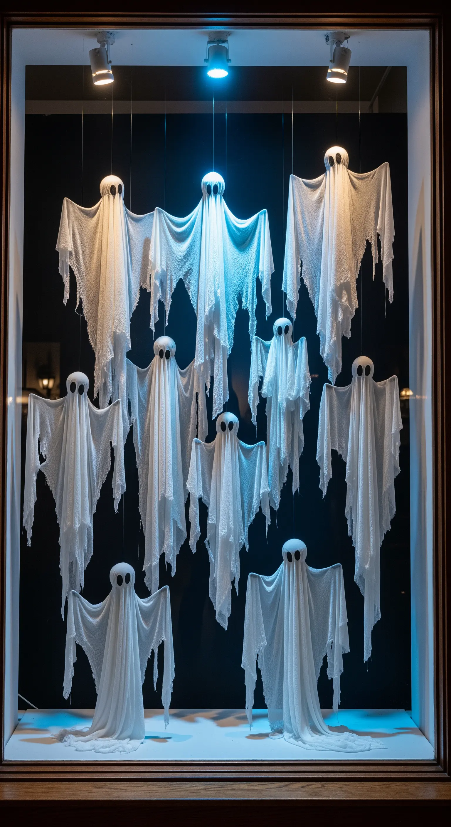 Schaufenster Deko mit weißen Stoffgeistern in verschiedenen Größen und Höhen, blau beleuchtet.