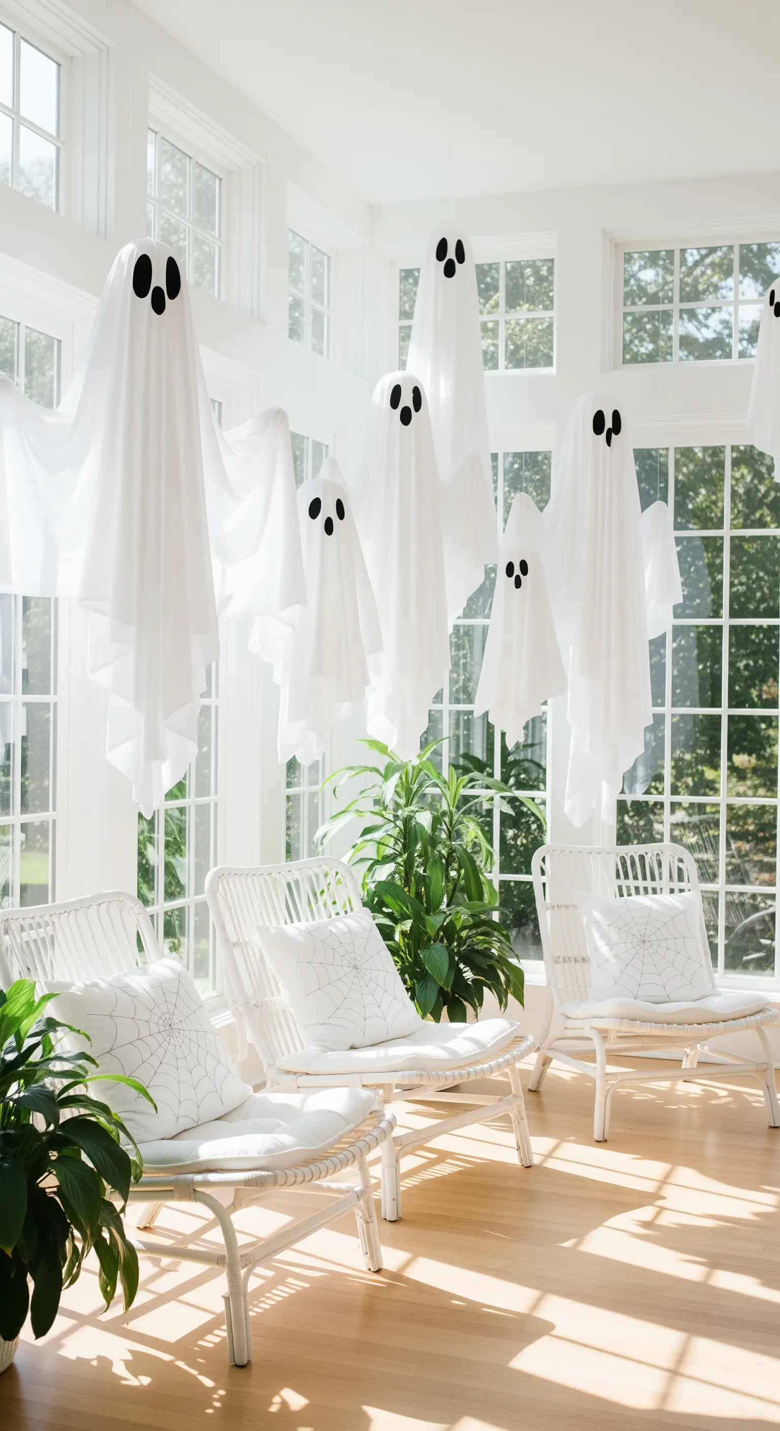 Wintergarten mit hängenden weißen Stoffgeistern, weißen Rattanmöbeln und Grünpflanzen