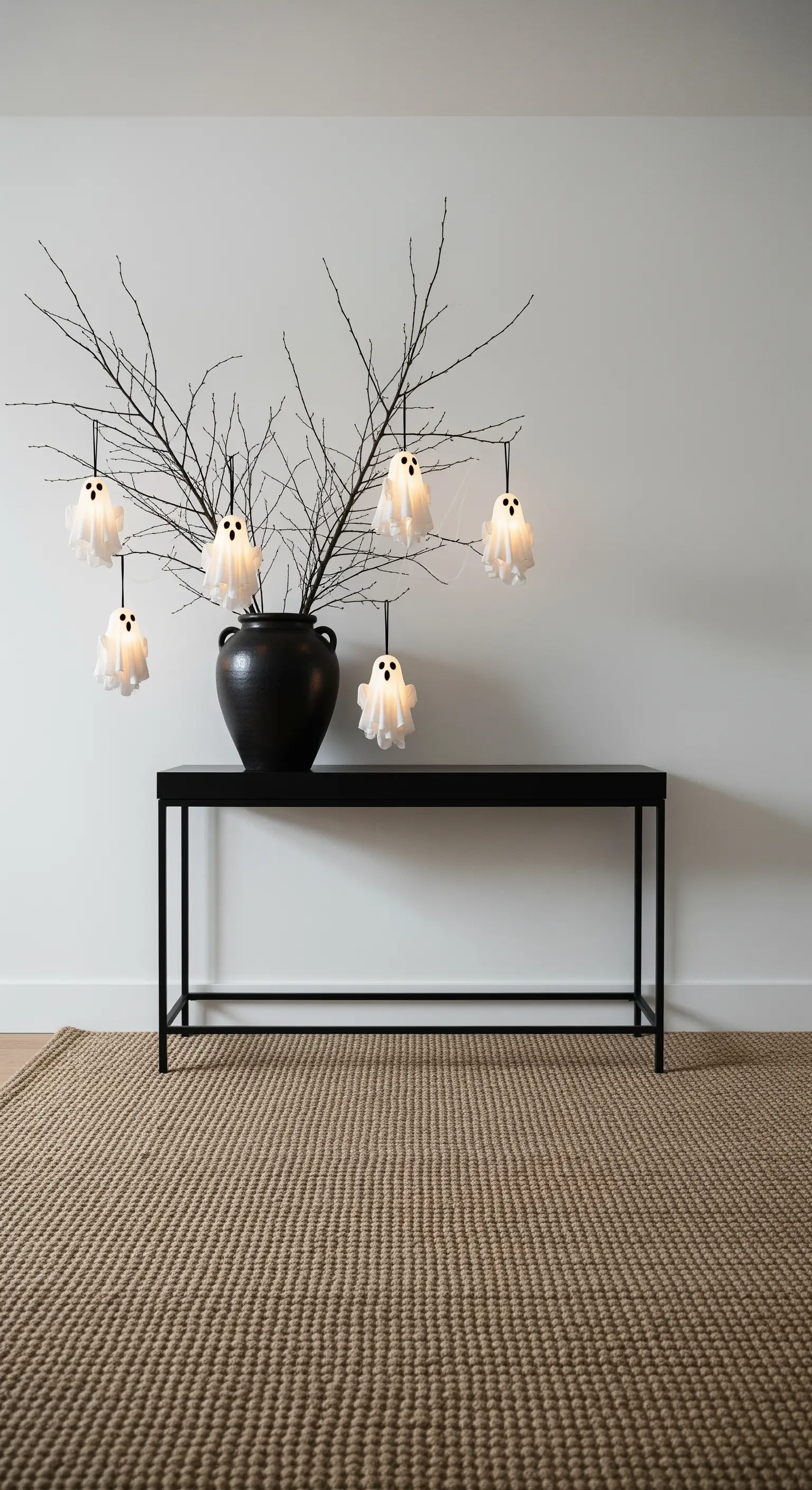 Halloween Konsolentisch-Deko mit Vase, Ästen und hängenden, leuchtenden Geister-Lichtern