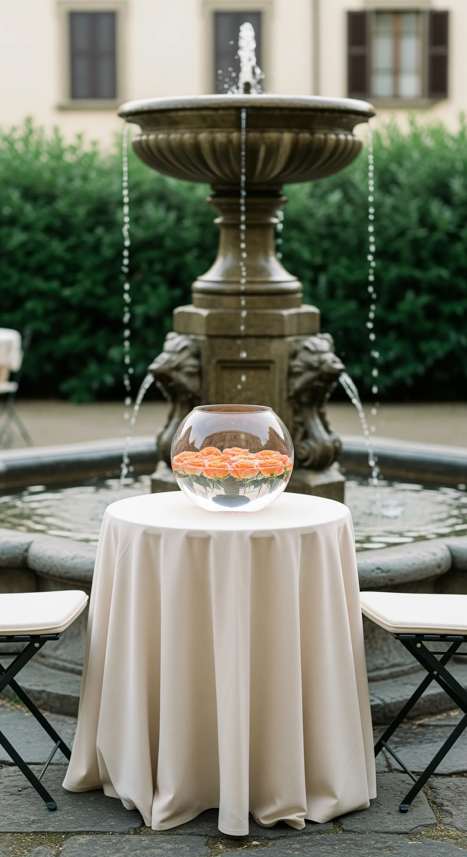Dekorative Glaskugel mit schwimmenden Rosenblüten vor einem Brunnen.