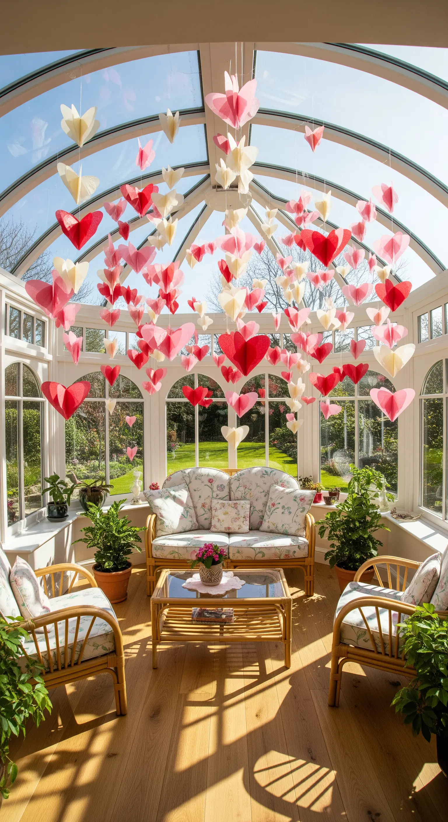 Wintergarten, hängende 3D-Papierherzen, luftige Deko