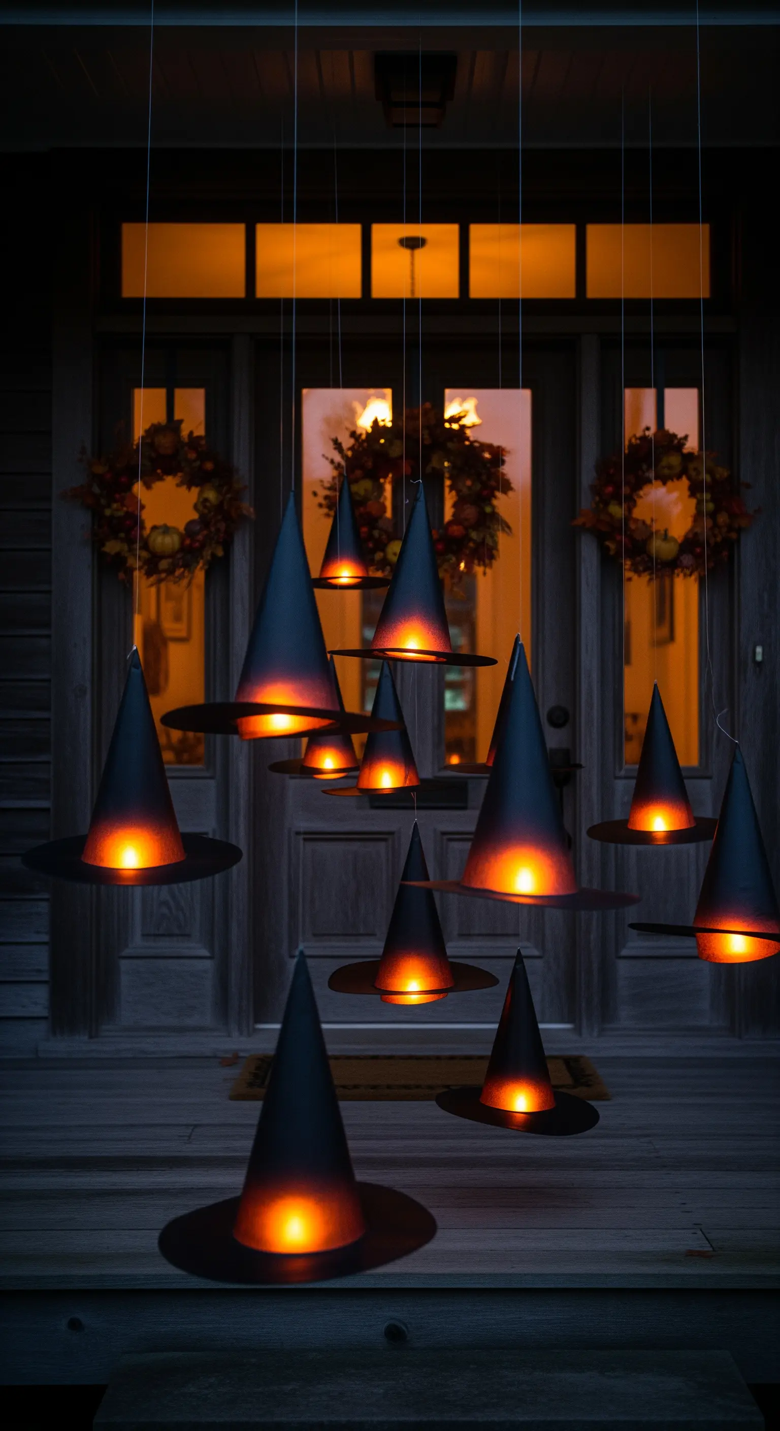 Veranda Deko mit leuchtenden, schwebenden Hexenhüten