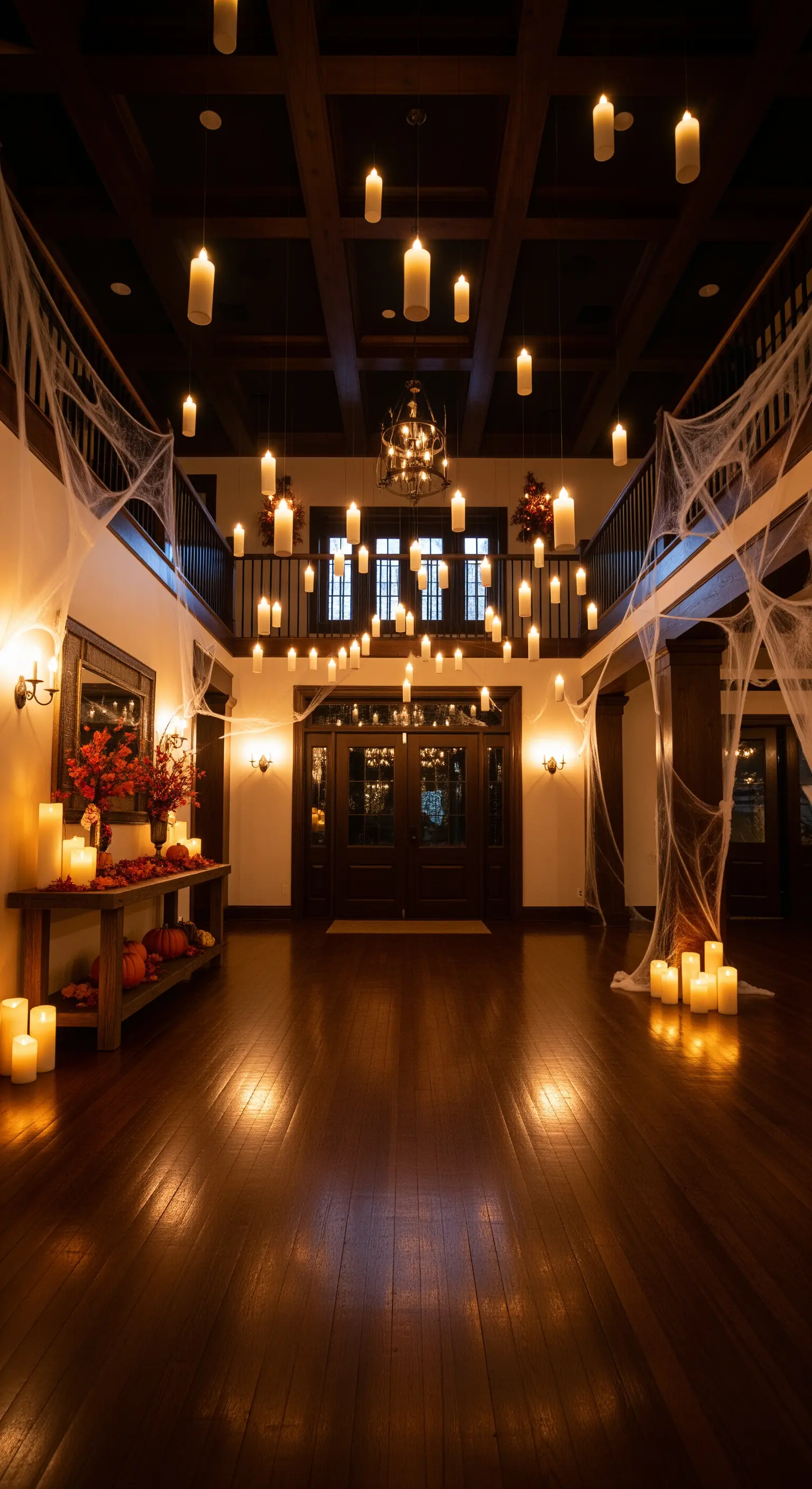 Grandiose Halle mit schwebenden LED-Kerzen und Spinnweben Deko
