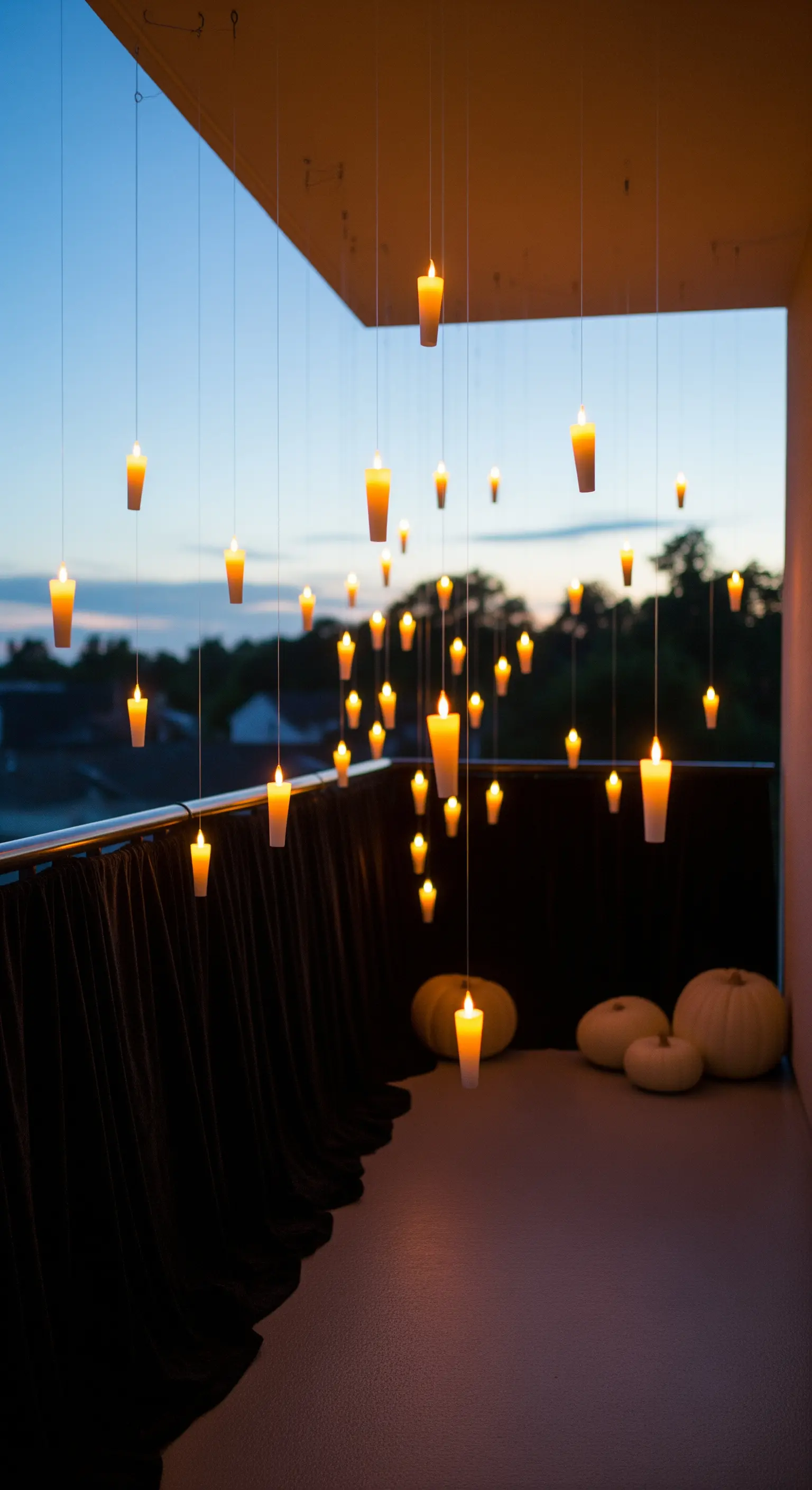Balkon mit schwebenden LED-Kerzen in verschiedenen Höhen, weißen Kürbissen und dunklen Stoffdrapierungen.
