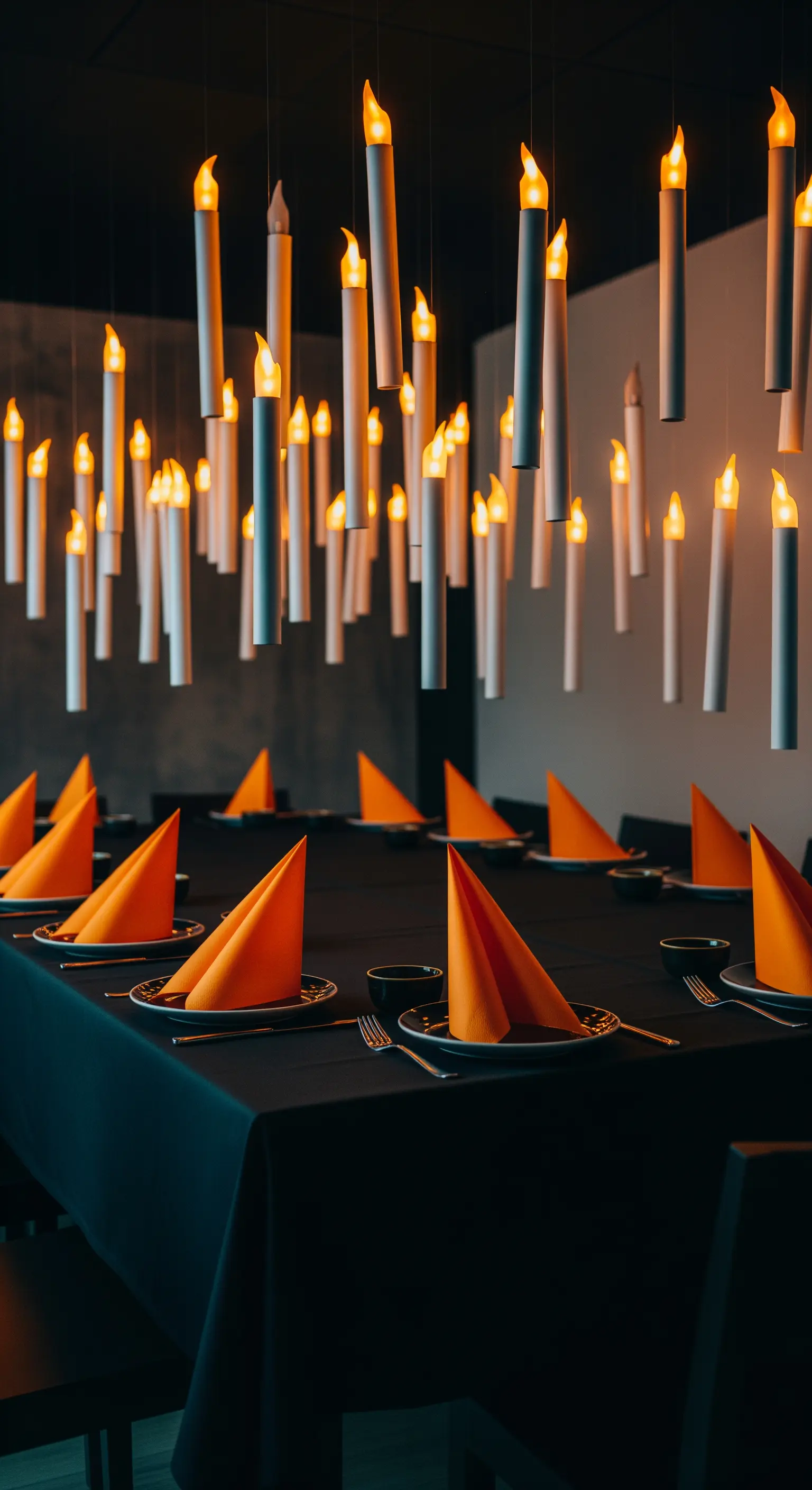 Halloween Tischdeko mit schwarzen und orangen Akzenten, schwebende LED-Kerzen.