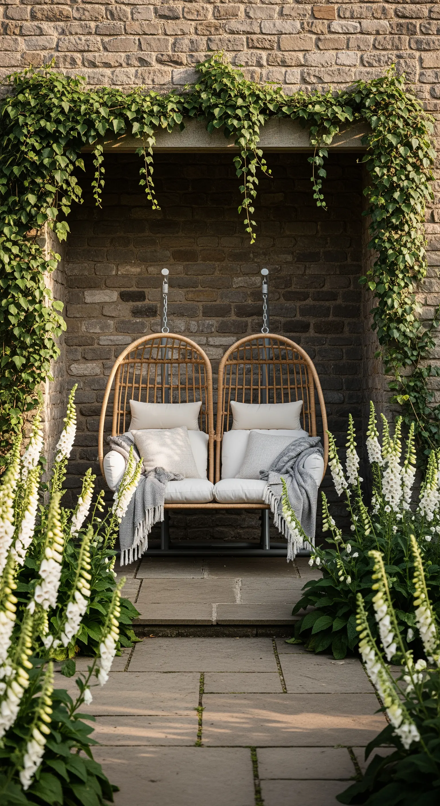 Hängende Rattan-Eiersessel in steinerner Nische, umrankt von Efeu und weißen Blumen