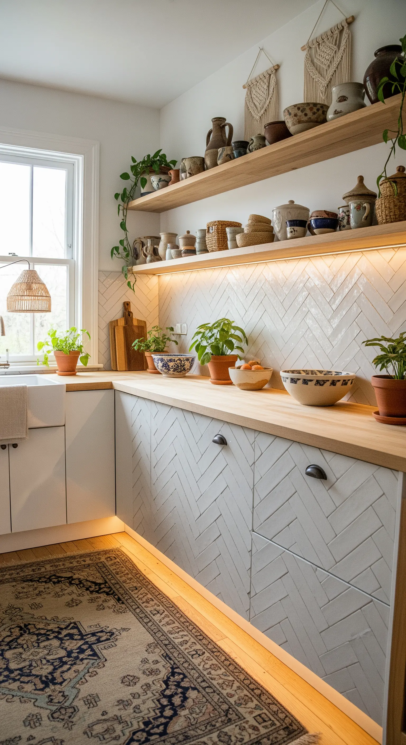 Helle Boho-Küche mit LED-Beleuchtung unter den Hängeschränken und am Bodensockel.