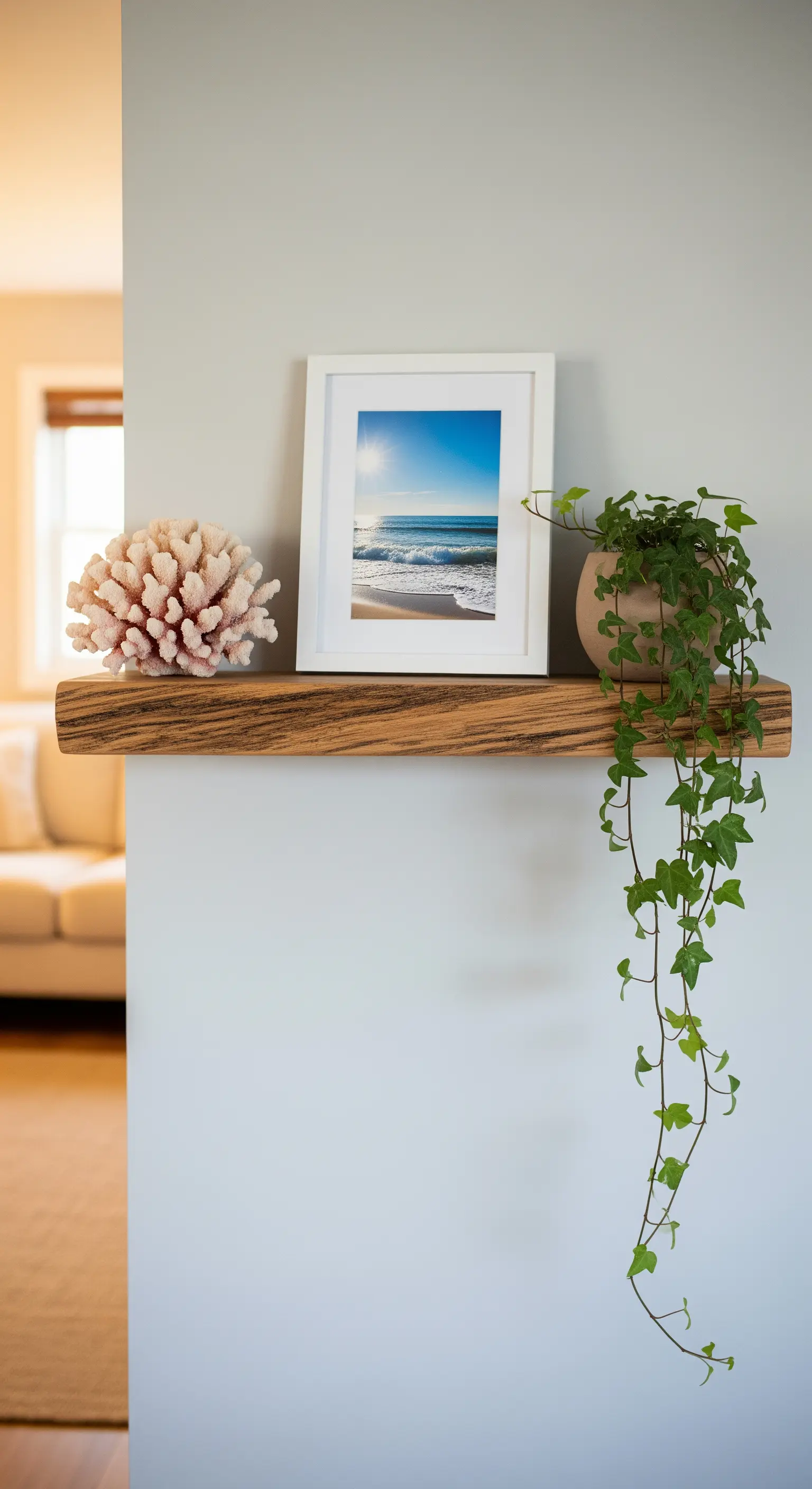 Schwebendes Holzregal mit Strandbild, Koralle und hängender Efeupflanze.