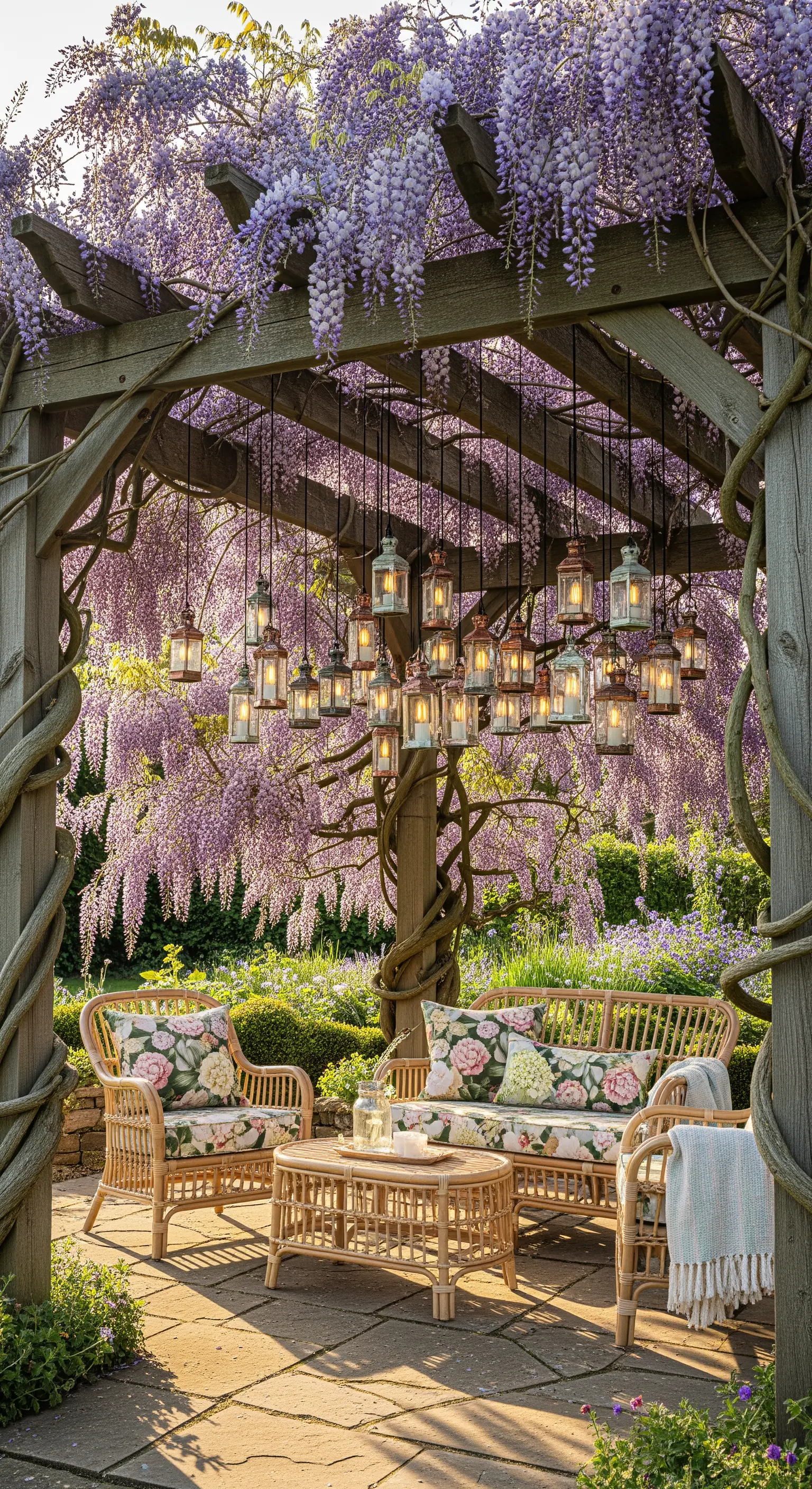 Pergola mit hängenden Laternen und lila Wisteria, Rattan-Möbeln.