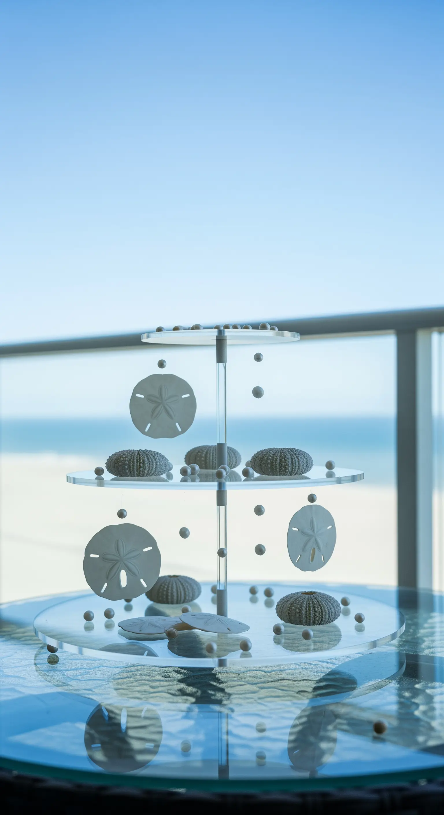 Transparente Acryl-Etagere auf einem Glastisch, dekoriert mit Sanddollars und Seeigeln.