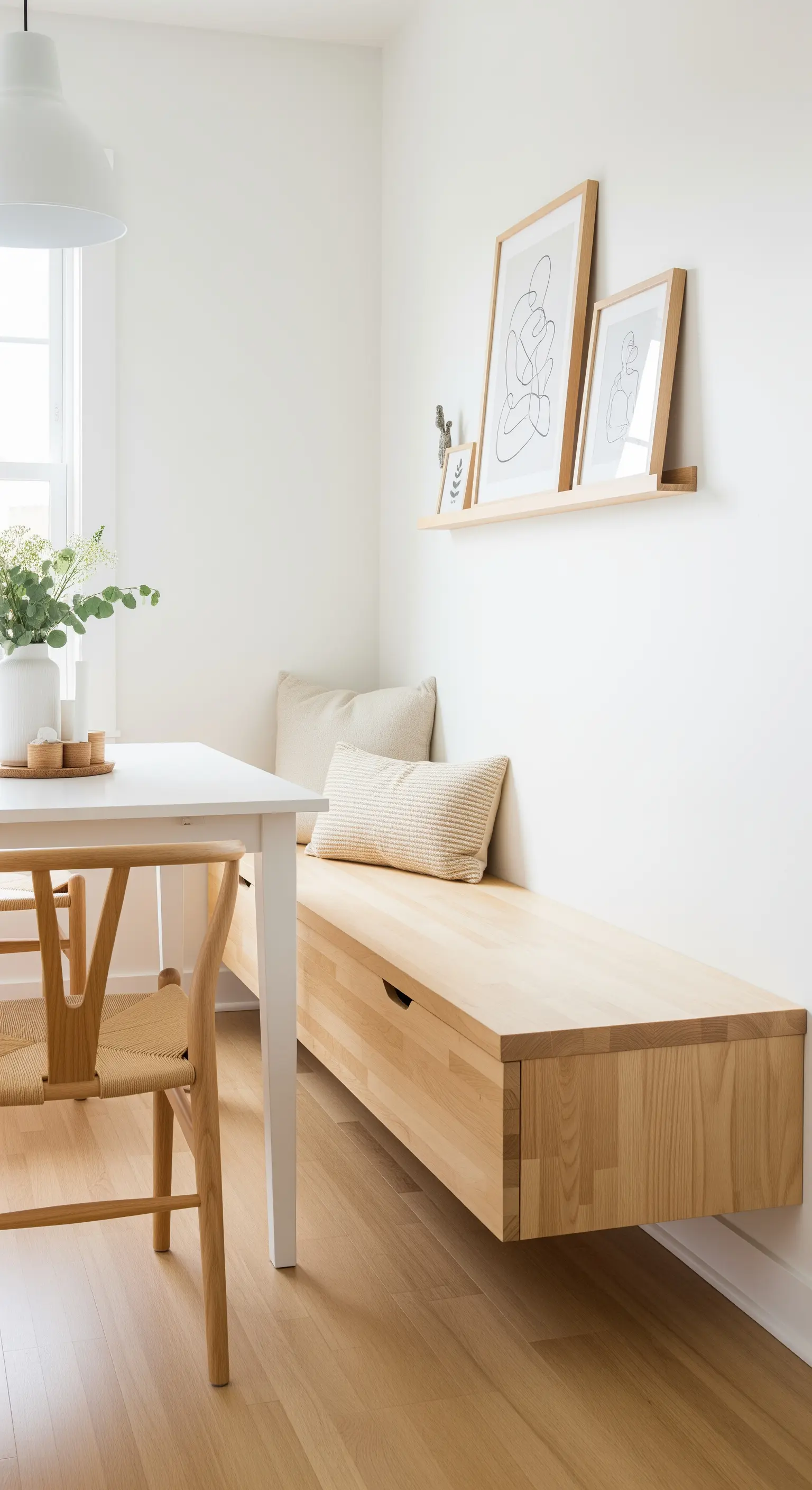 Helle Essnische mit einer schwebenden Holzbank, die an der Wand montiert ist.