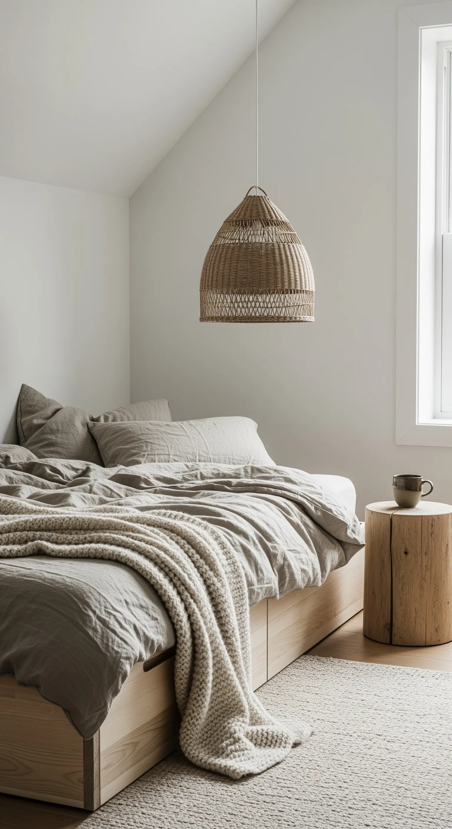 Ruhiges Boho-Schlafzimmer mit großem Rattan-Lampenschirm über dem Bett.