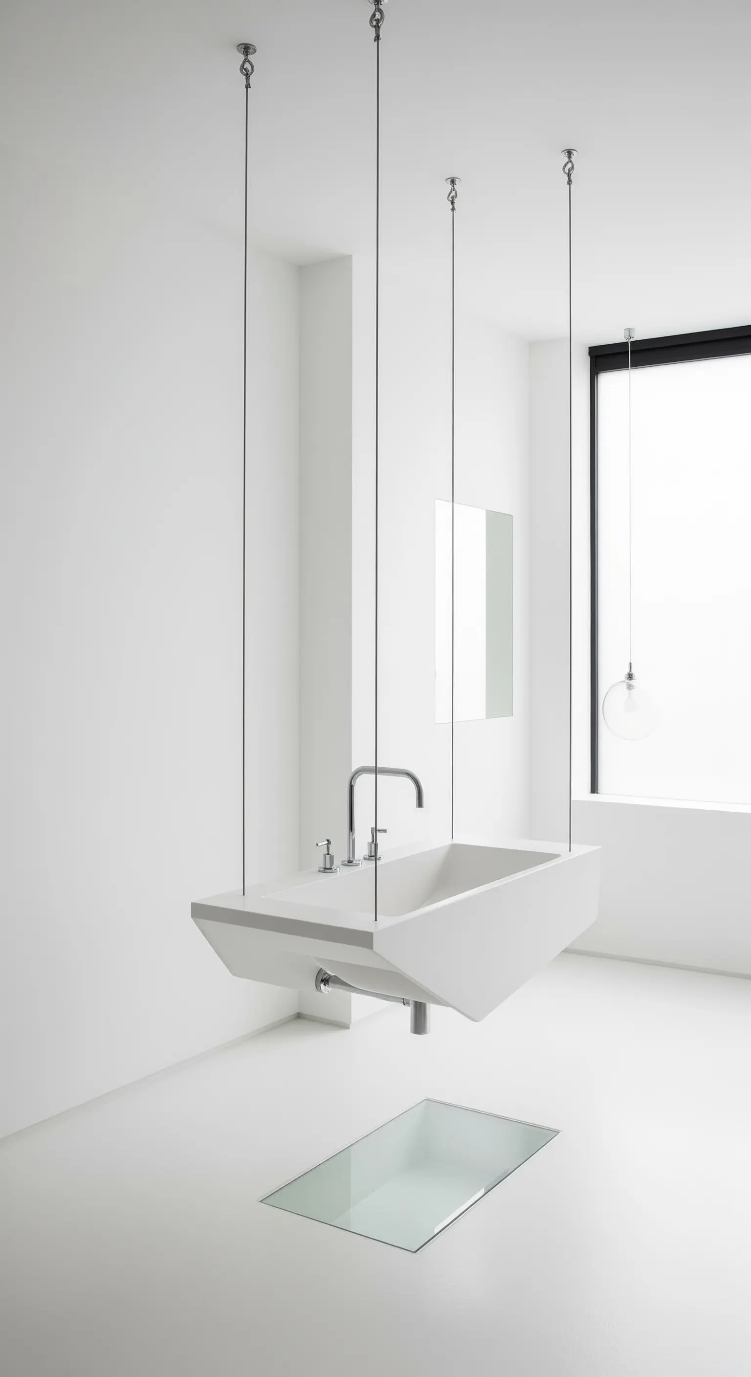 Von der Decke hängendes weißes Waschbecken in einem komplett weißen, minimalistischen Raum.