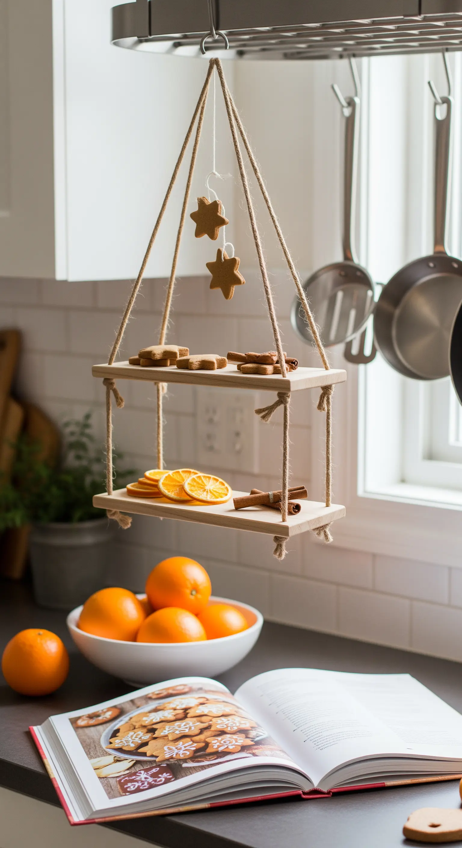 Hängende Etagere aus Holz und Seil mit Weihnachtsgebäck.