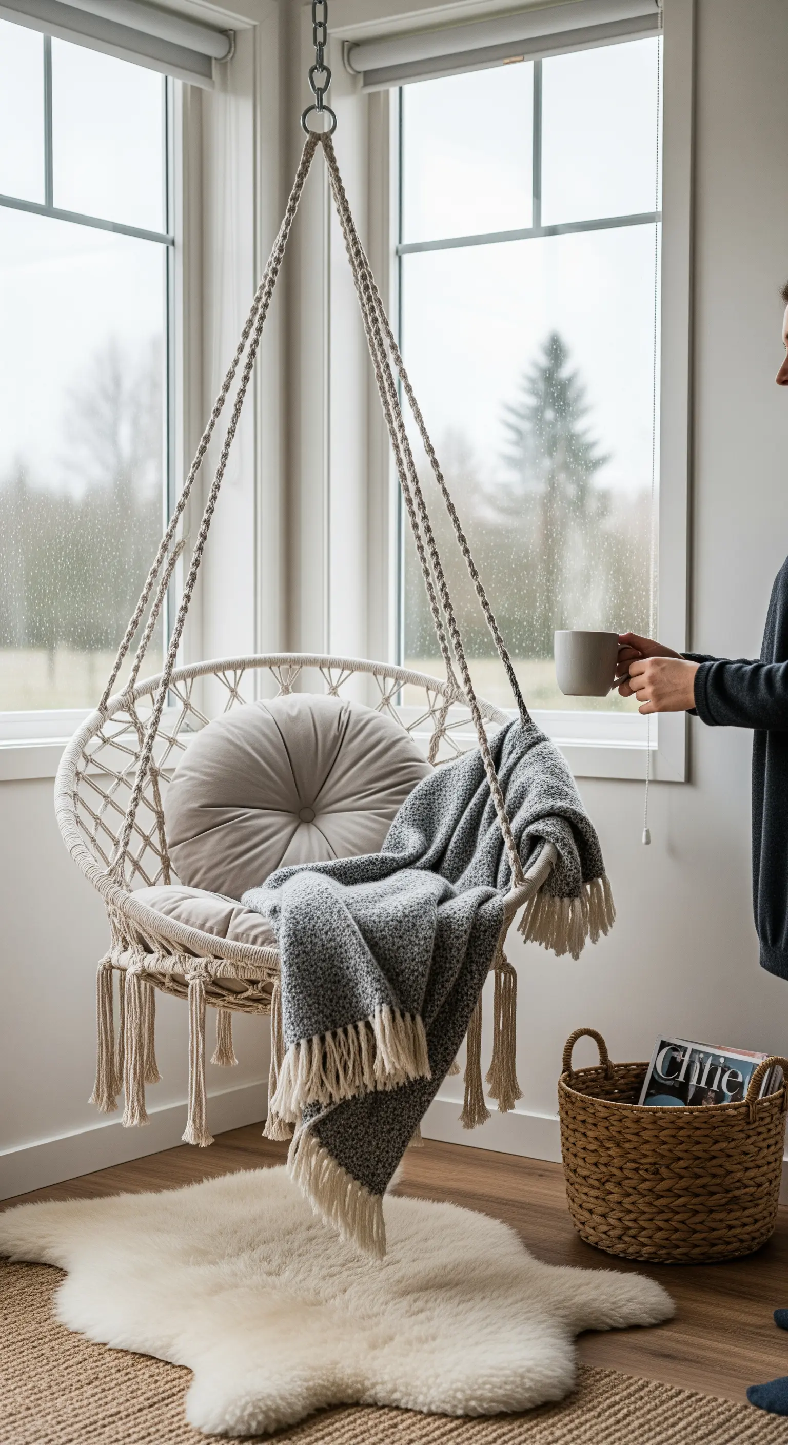Makramee-Hängesessel am Fenster mit grauer Decke und Schaffell.