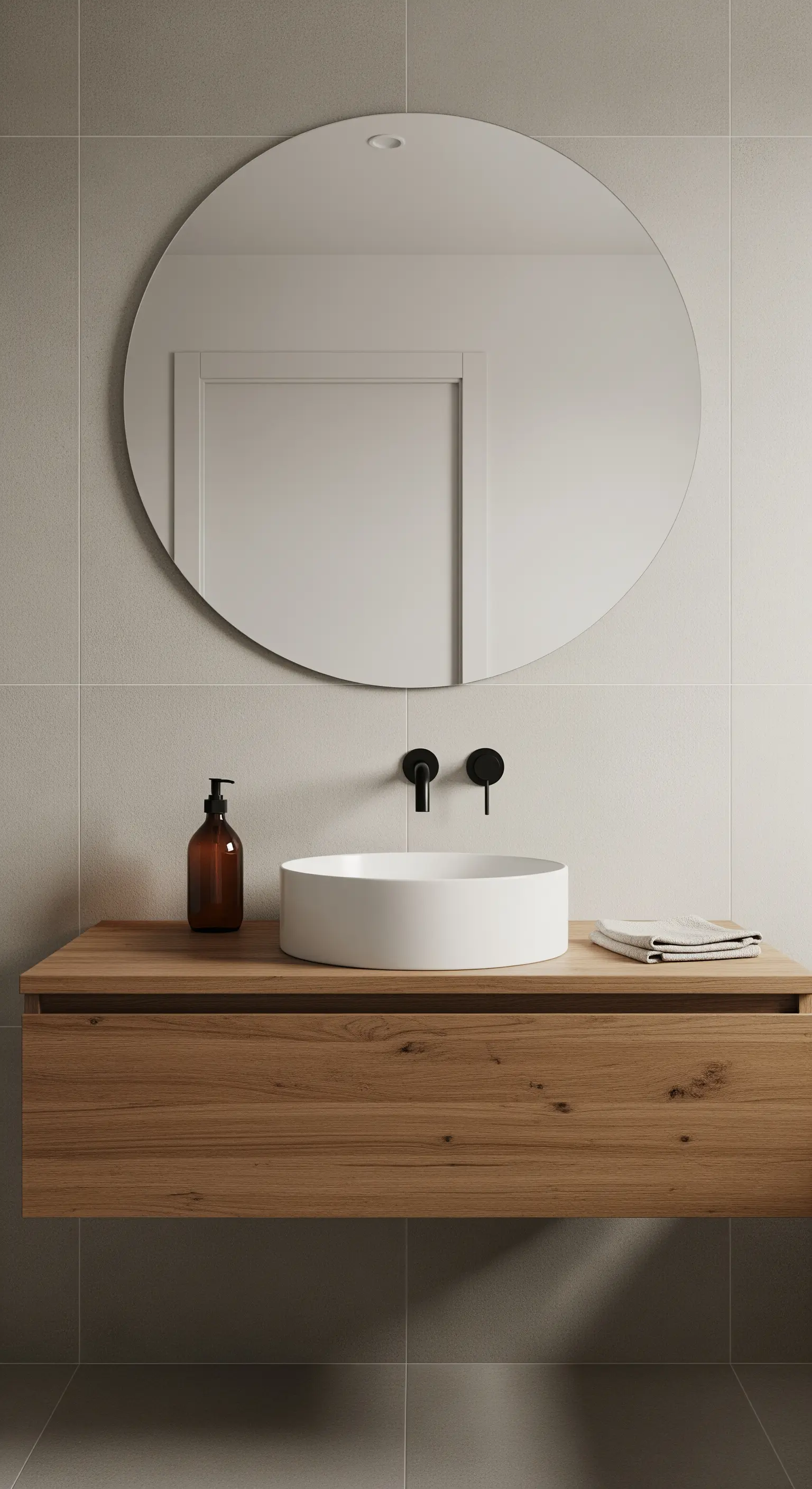 Ein schwebender Holzwaschtisch mit rundem Spiegel und schwarzen Armaturen für ein klares Baddesign.