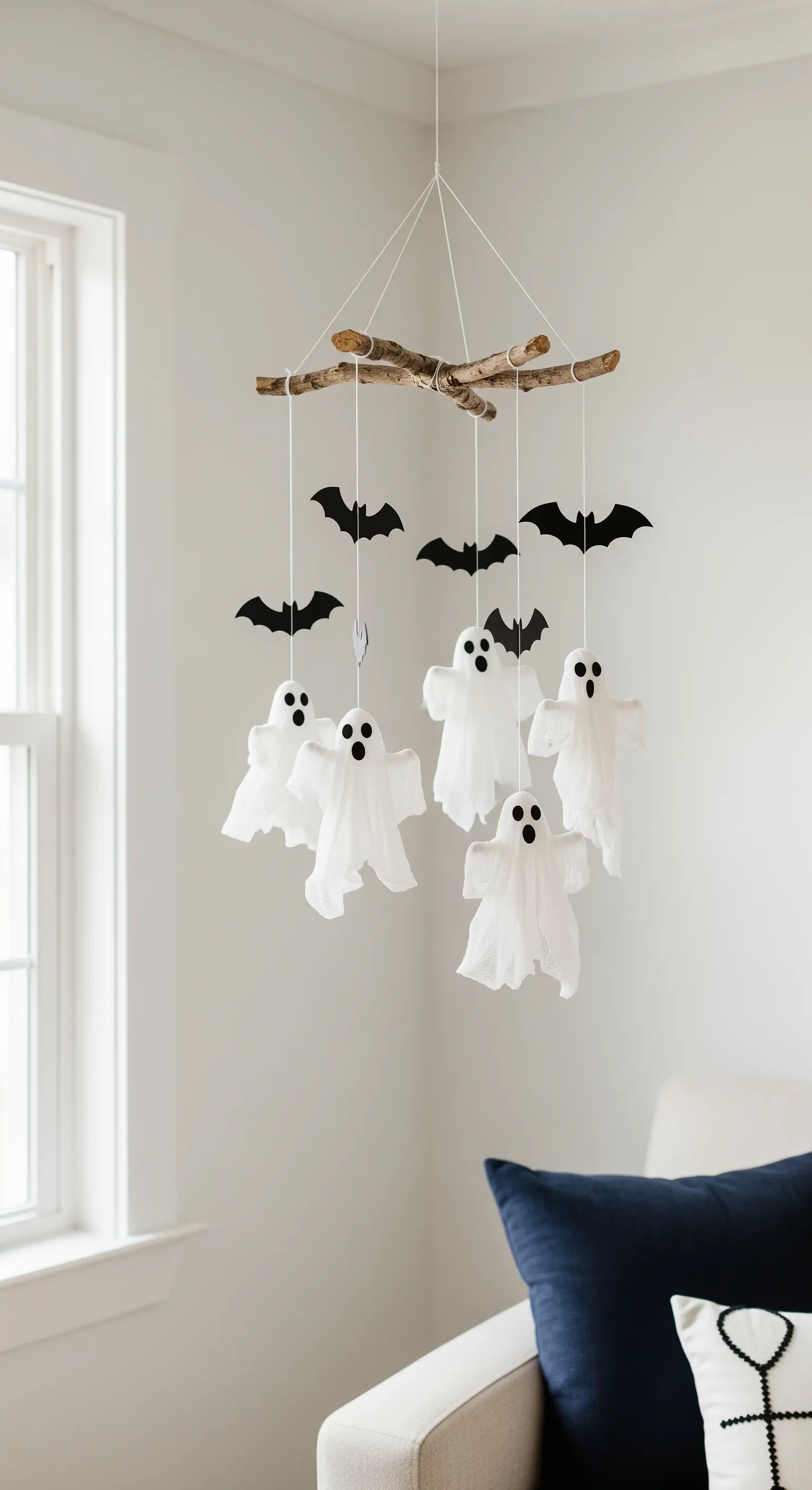 DIY-Mobile aus Ästen mit hängenden Geistern und Fledermäusen