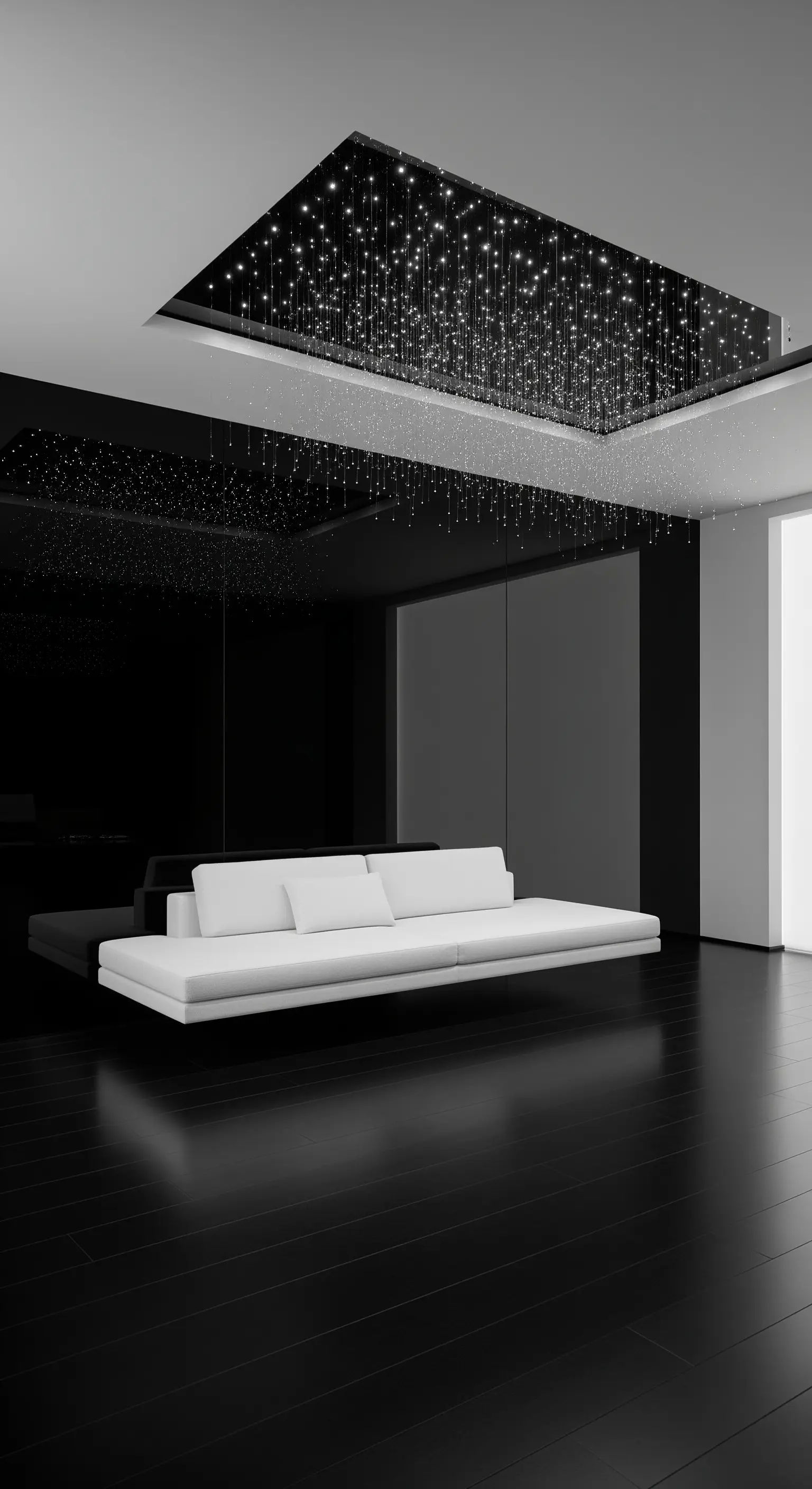 Minimalistischer schwarzer Raum mit schwebendem Sofa und Sternenhimmel-Deckenleuchte.