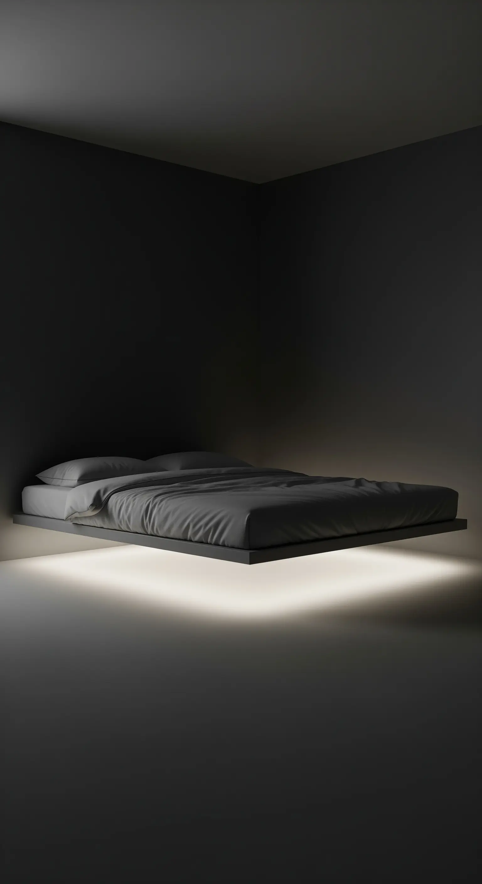 Schwebendes Bett mit LED-Unterbodenbeleuchtung in einem dunklen, minimalistischen Schlafzimmer.