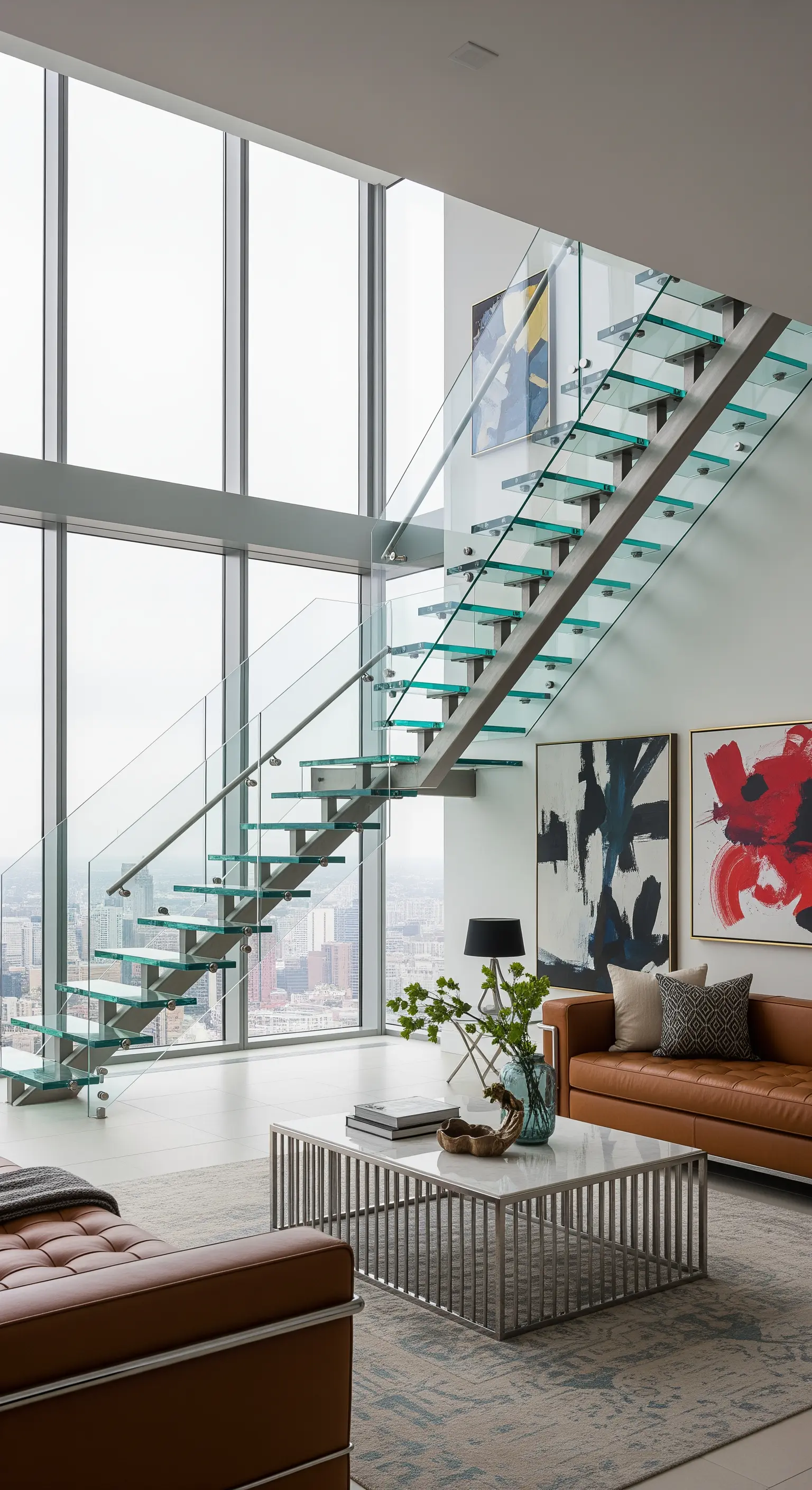 Modernes Loft mit schwebender Glastreppe und großen abstrakten Kunstwerken