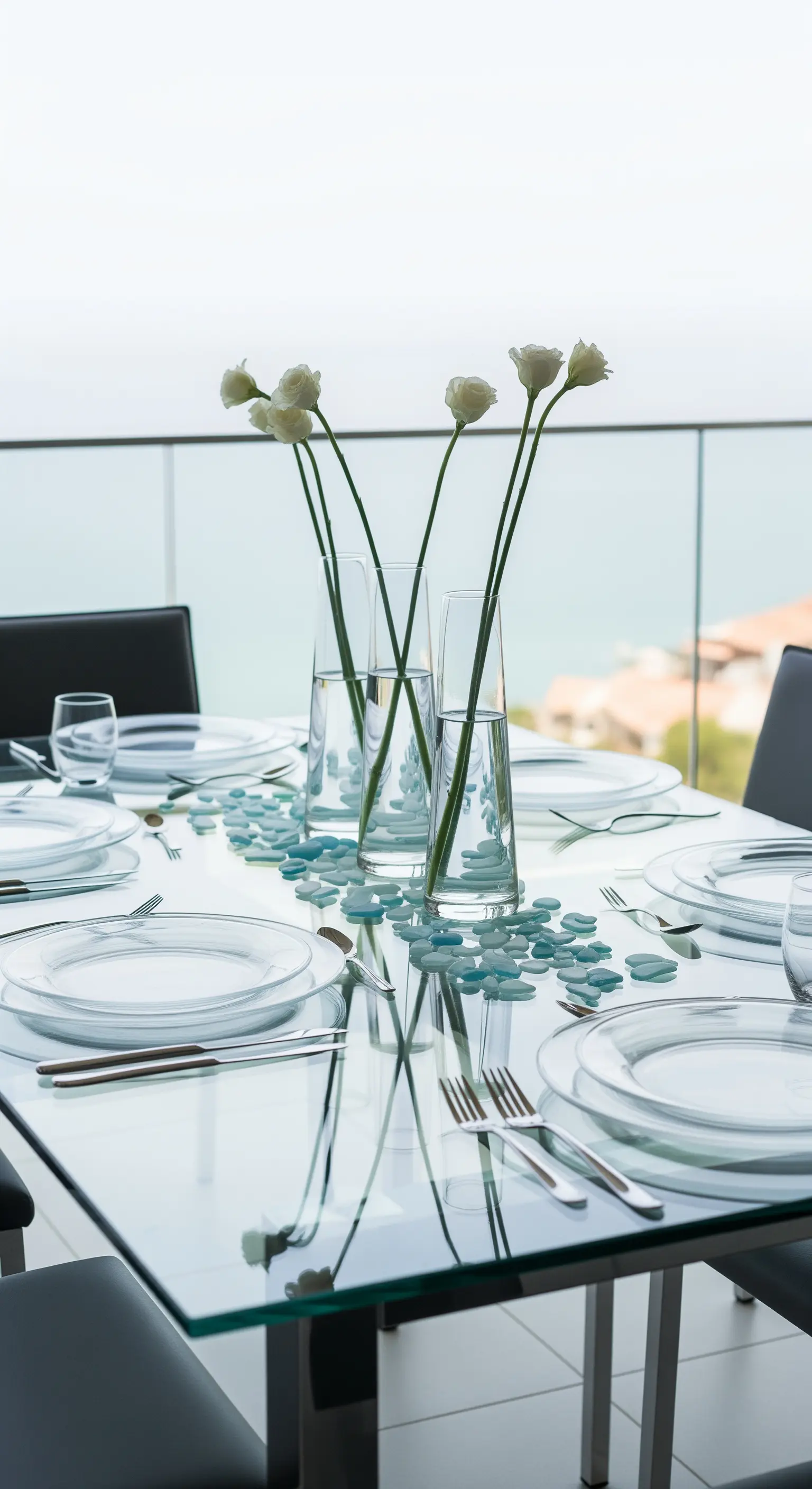 Moderner Glastisch mit hohen Glasvasen, weißen Blumen und verstreutem Meerglas.