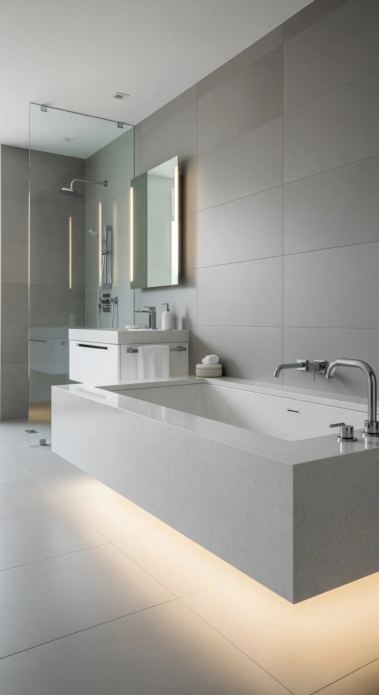 Minimalistische, weiße Badewanne mit indirekter Bodenbeleuchtung, die einen Schwebeeffekt erzeugt