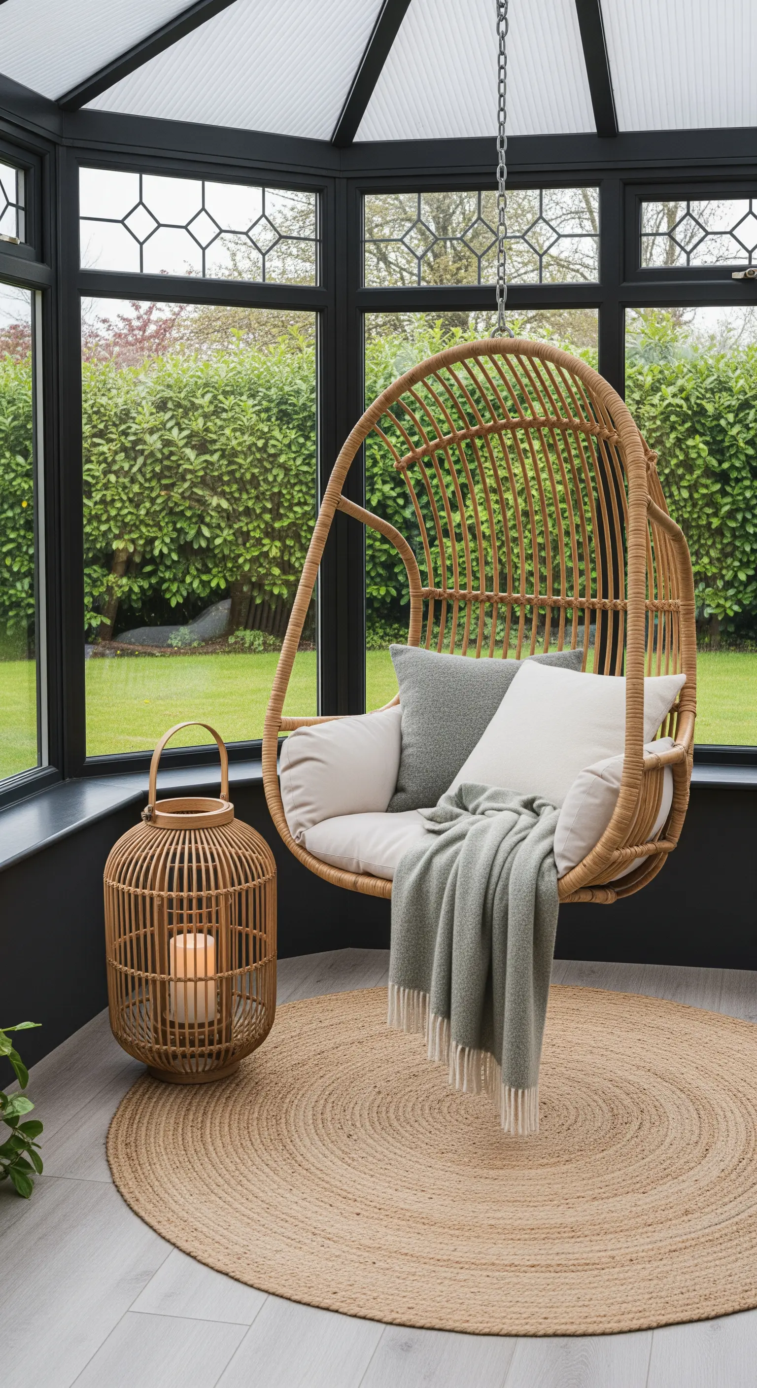 Rattan-Hängesessel und große Bodenlaterne in einem gemütlichen Wintergarten.