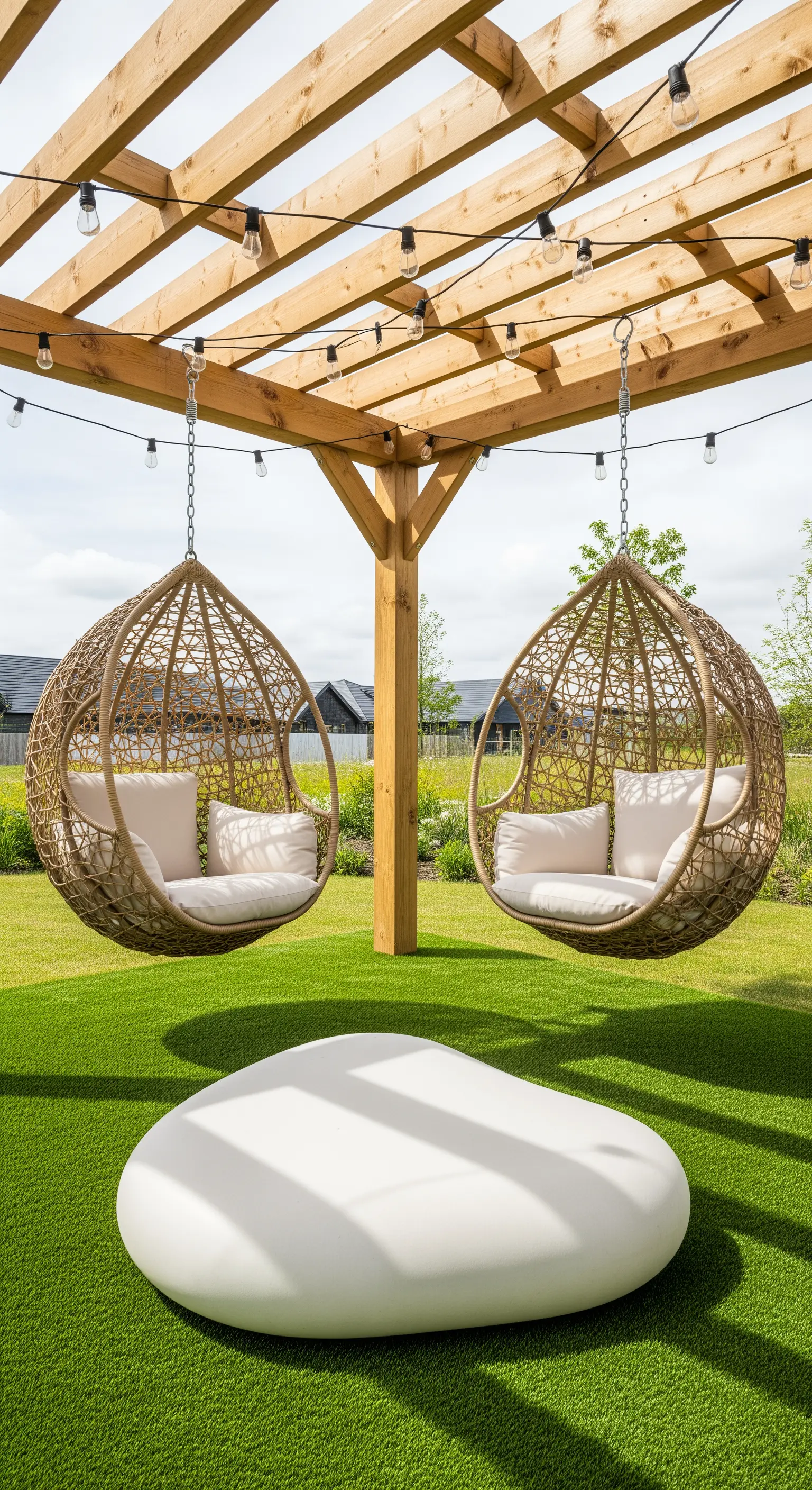 Zwei Hängesessel unter einer Holzpergola mit einem großen, kieselsteinartigen Tisch