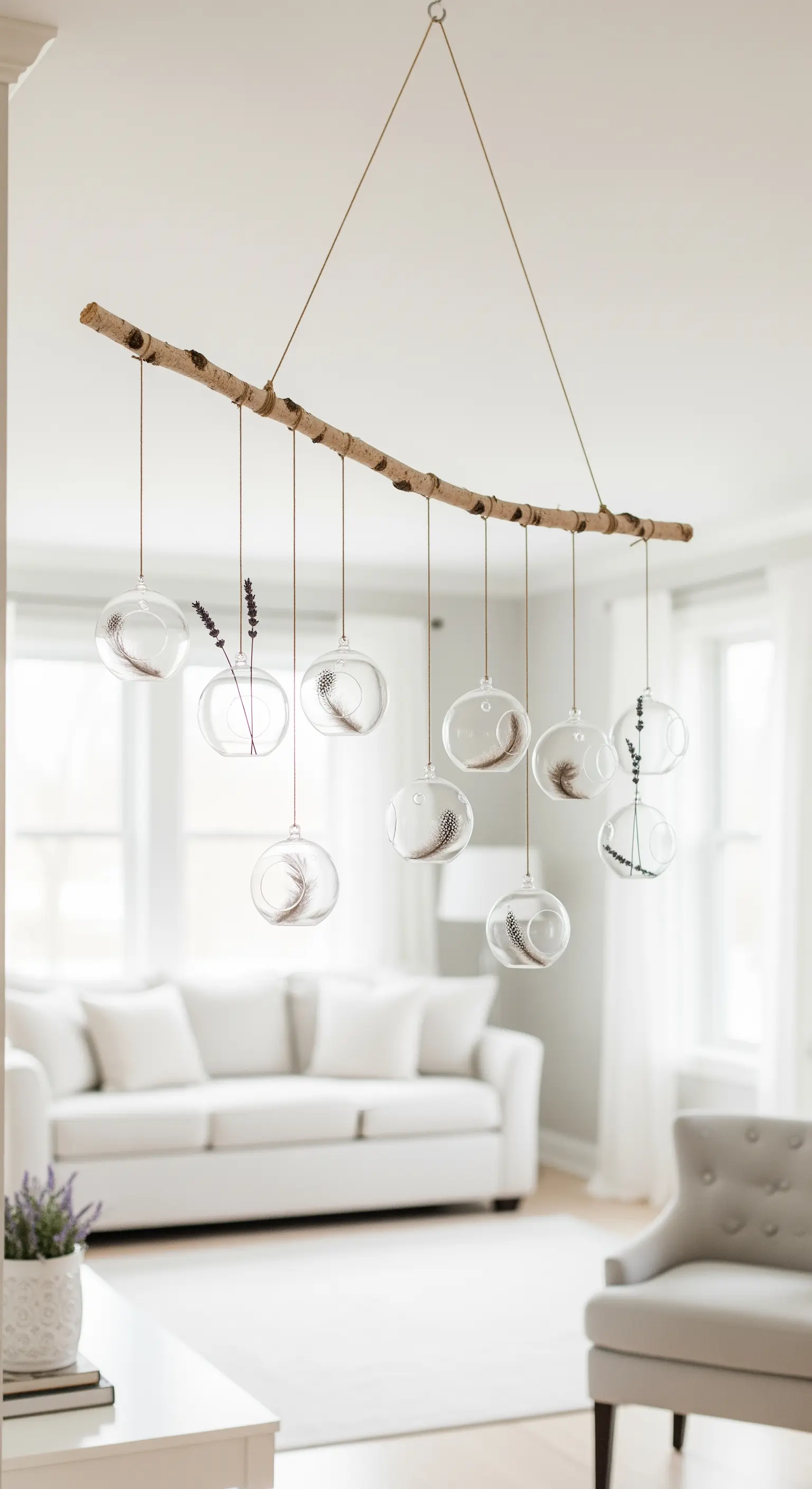 Ein DIY-Mobile aus einem Ast und Glaskugeln mit Federn darin.