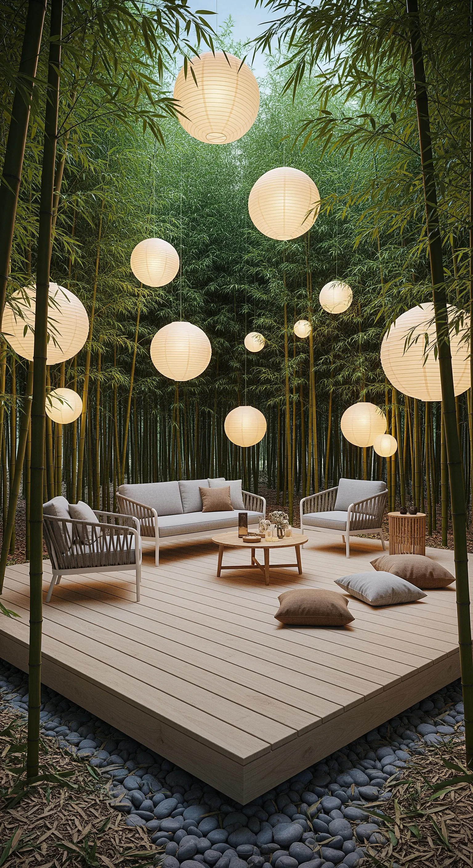 Outdoor-Lounge-Bereich mit schwebenden Papierlaternen in einem Bambuswald