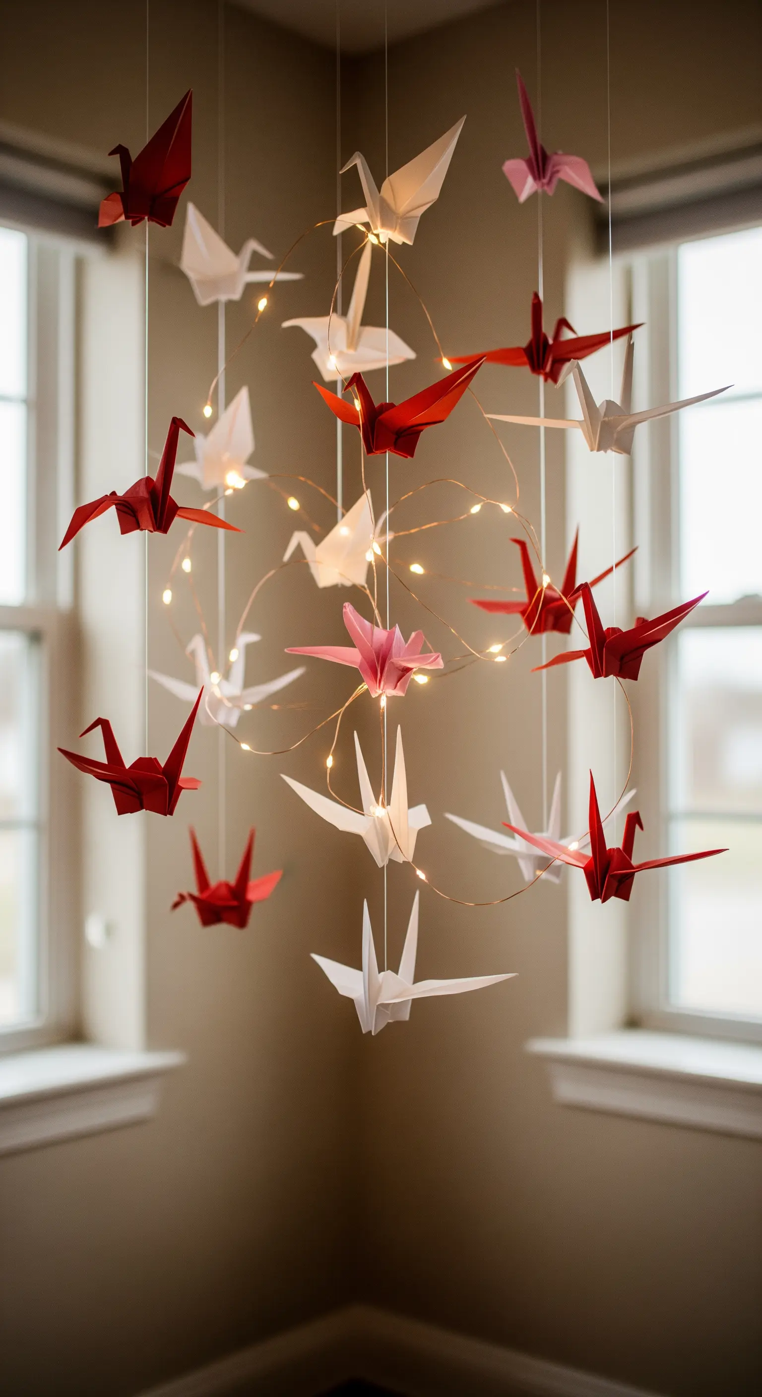 Ein Mobile aus Origami-Kranichen und einer feinen Lichterkette, das von der Decke hängt.