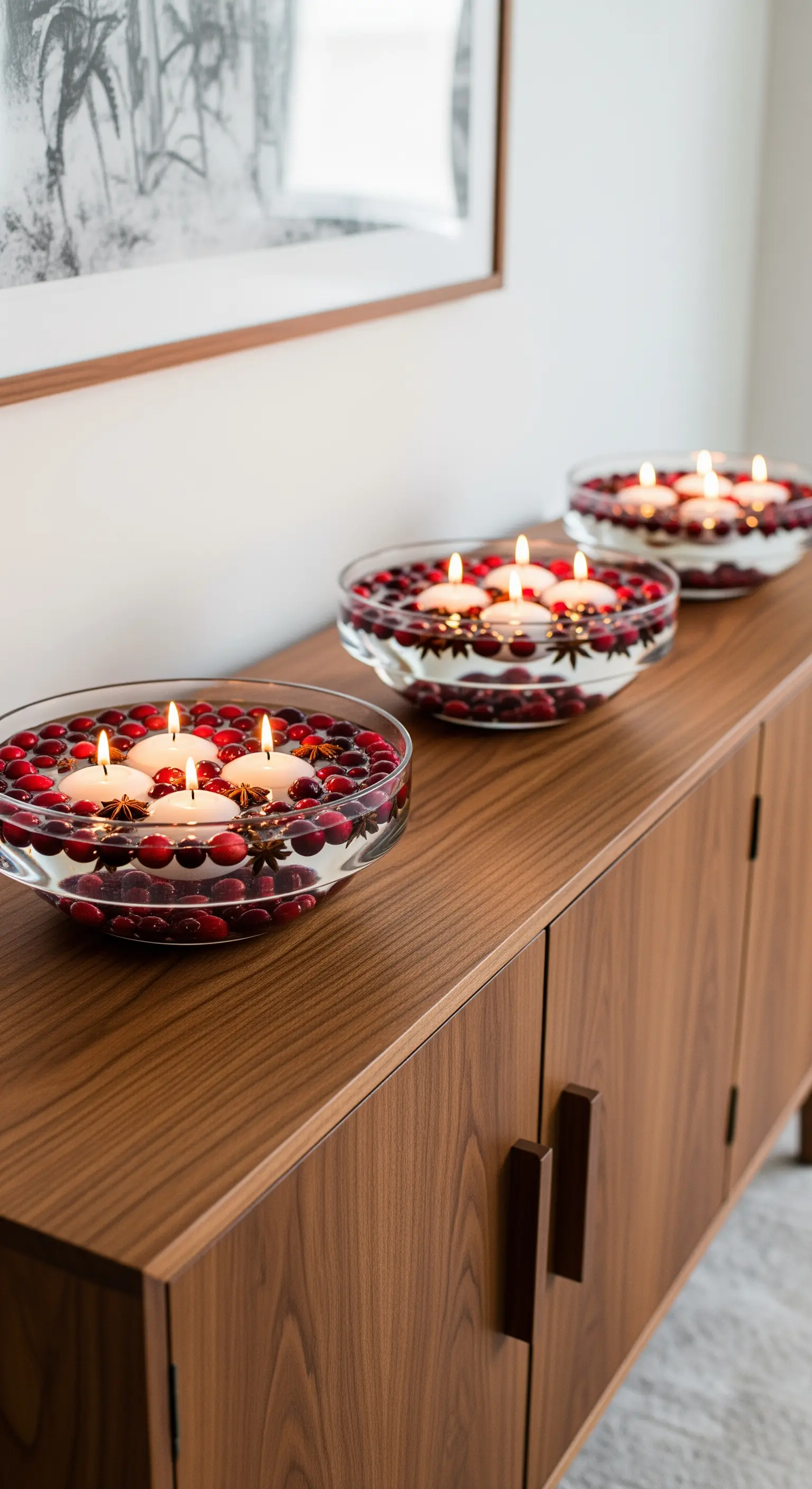 Schwimmkerzen und Cranberries in Glasschalen auf einem Holz-Sideboard.