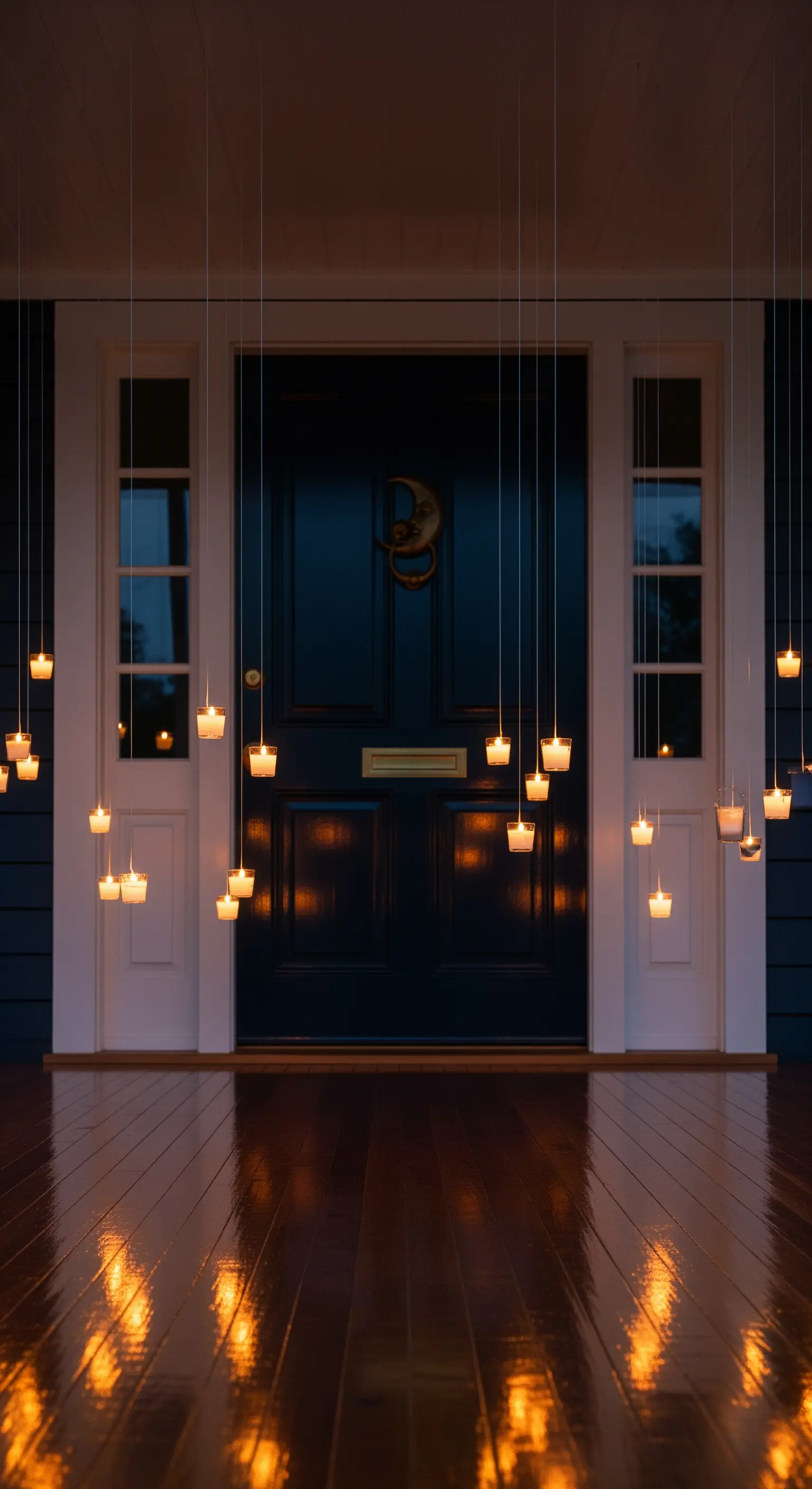 Schwebende LED-Teelichter in Glasbehältern vor einer dunklen Haustür bei Nacht.