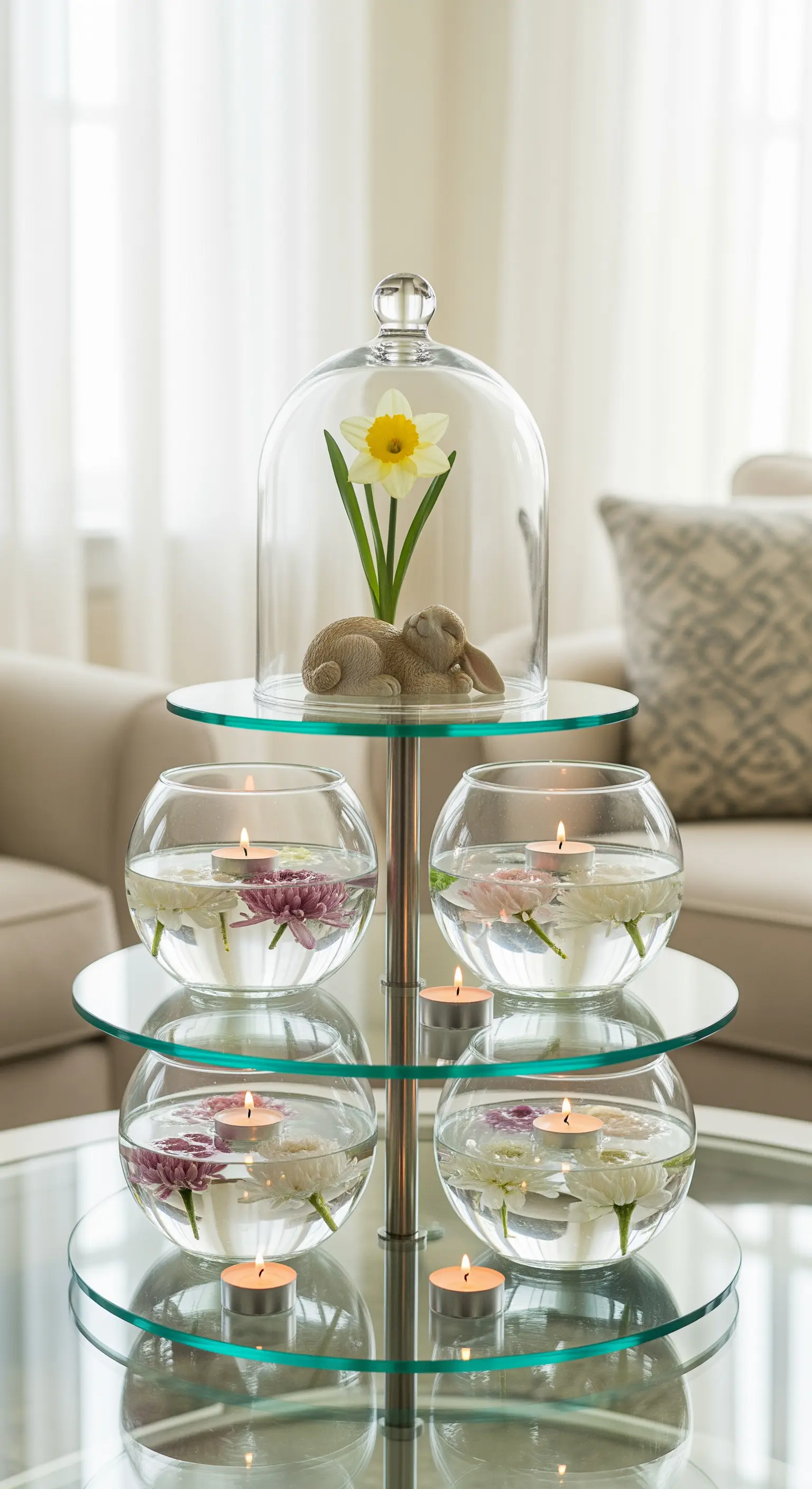 Glas-Etagere mit schwimmenden Kerzen und einem Hasen unter einer Glasglocke