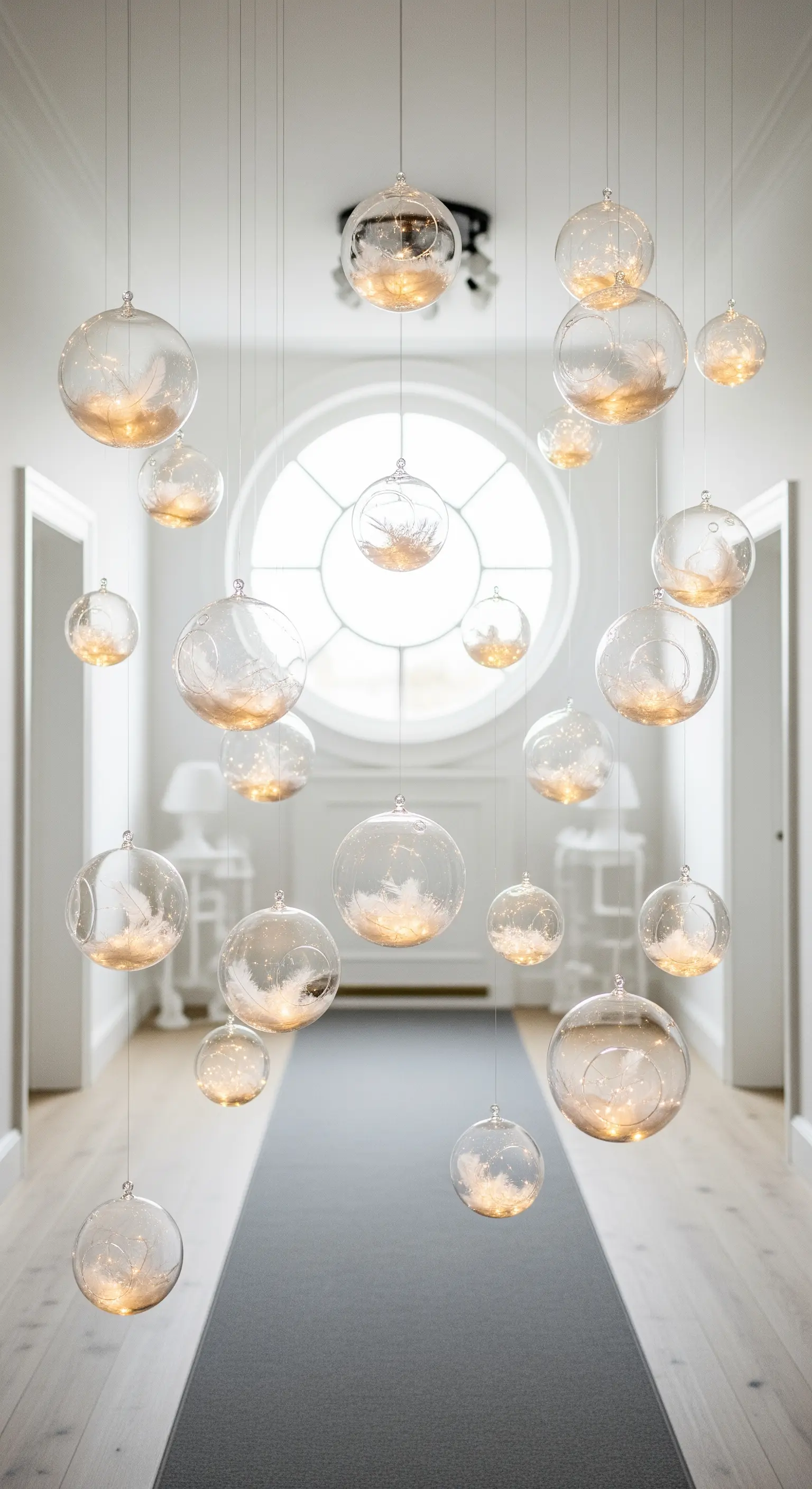 Hängende Glaskugeln mit Federn und Licht im hohen Flur.