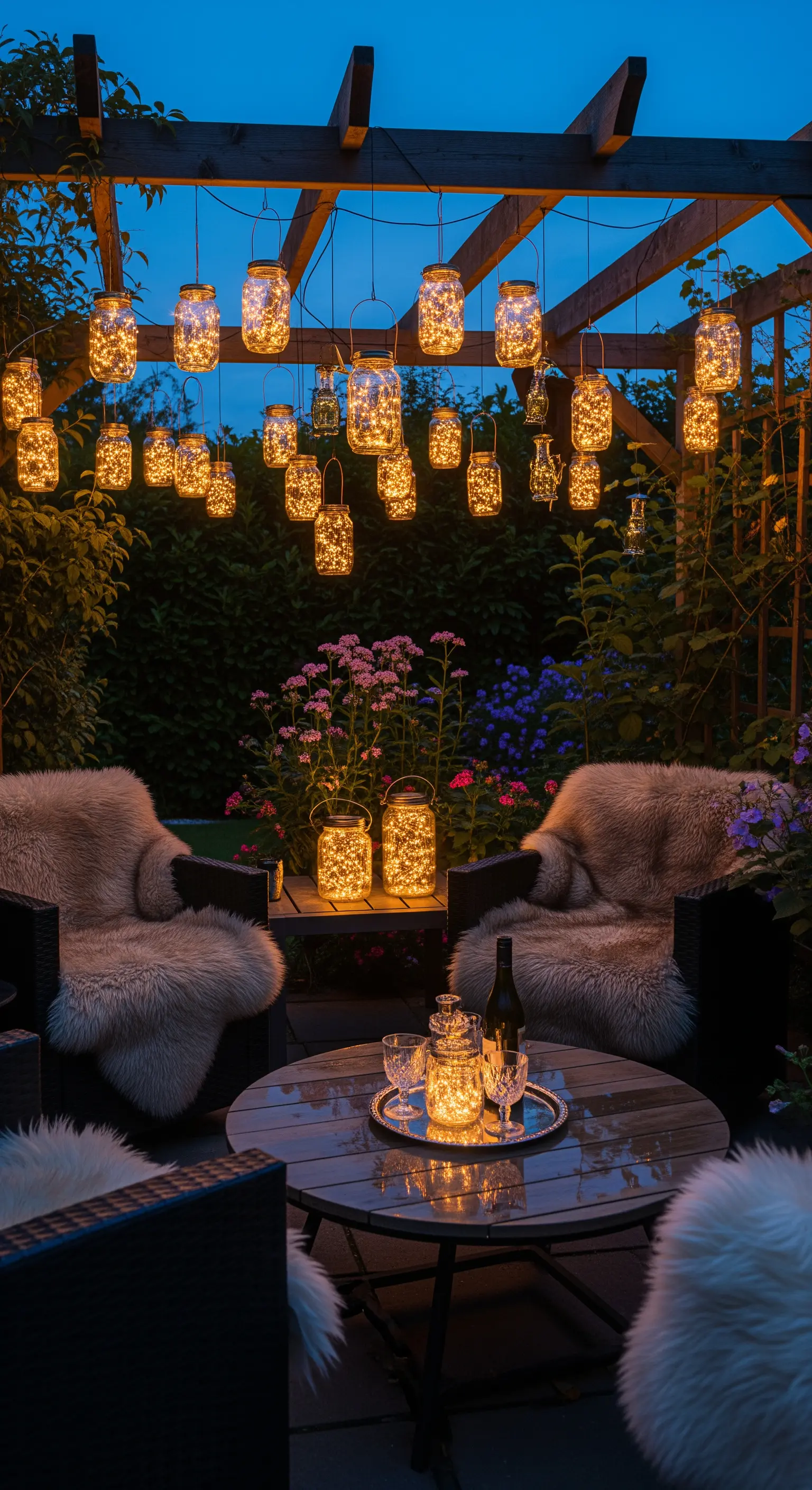 Pergola mit hängenden Einmachgläsern, gefüllt mit Lichterketten, schafft gemütliche Stimmung.