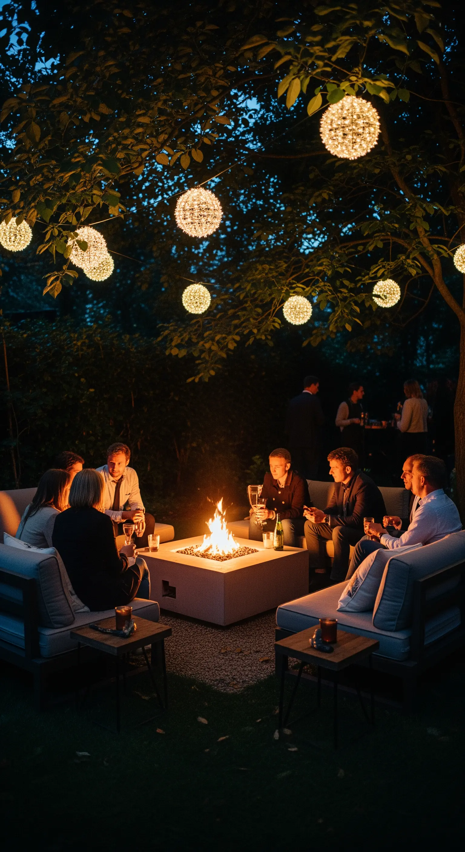 Gruppe von Menschen am Lagerfeuer unter einem Baum mit hängenden, leuchtenden Kugellaternen.