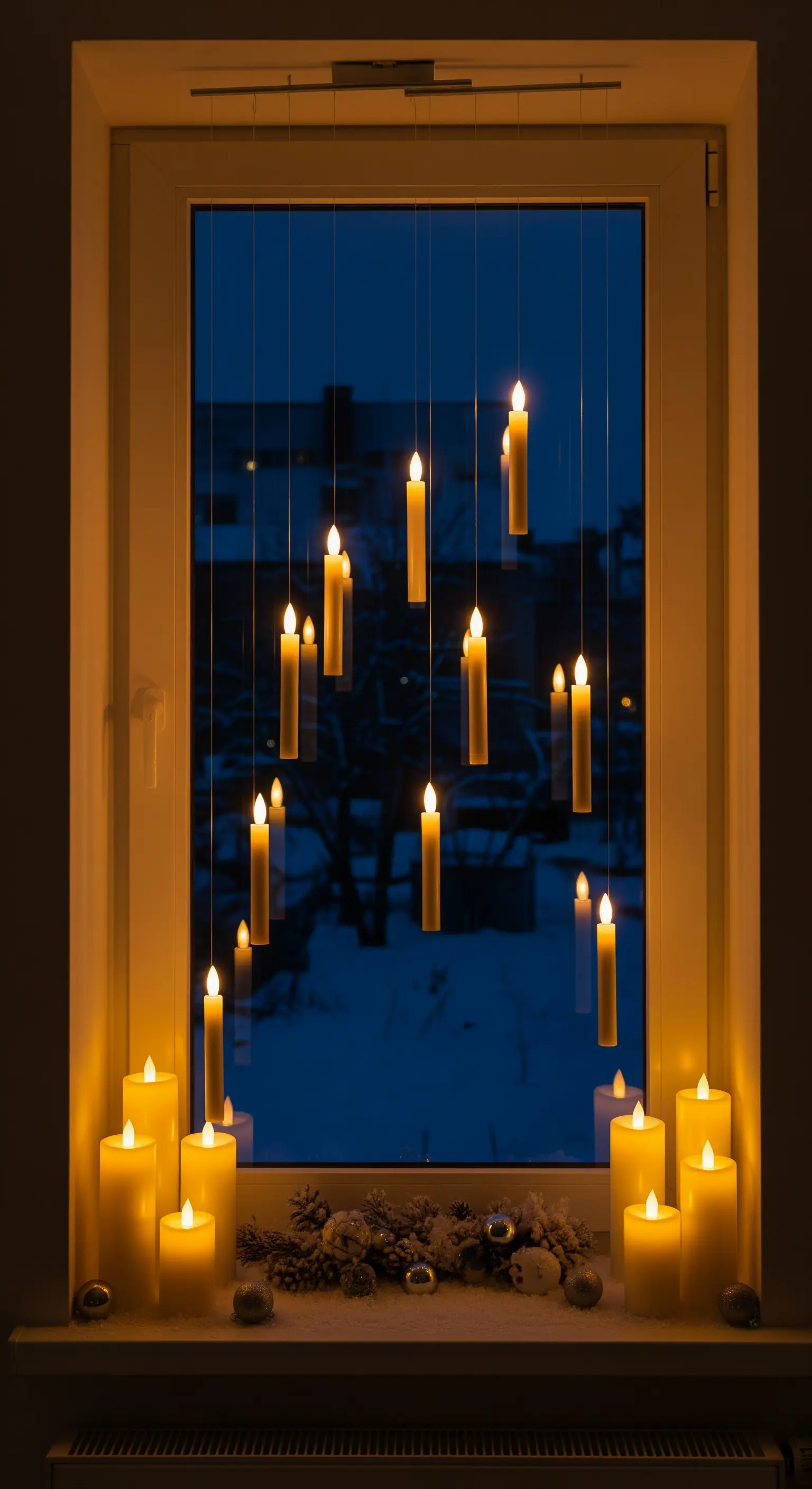 Schwebende LED-Stabkerzen im Fenster, darunter Stumpenkerzen und winterliche Dekoration auf der Fensterbank