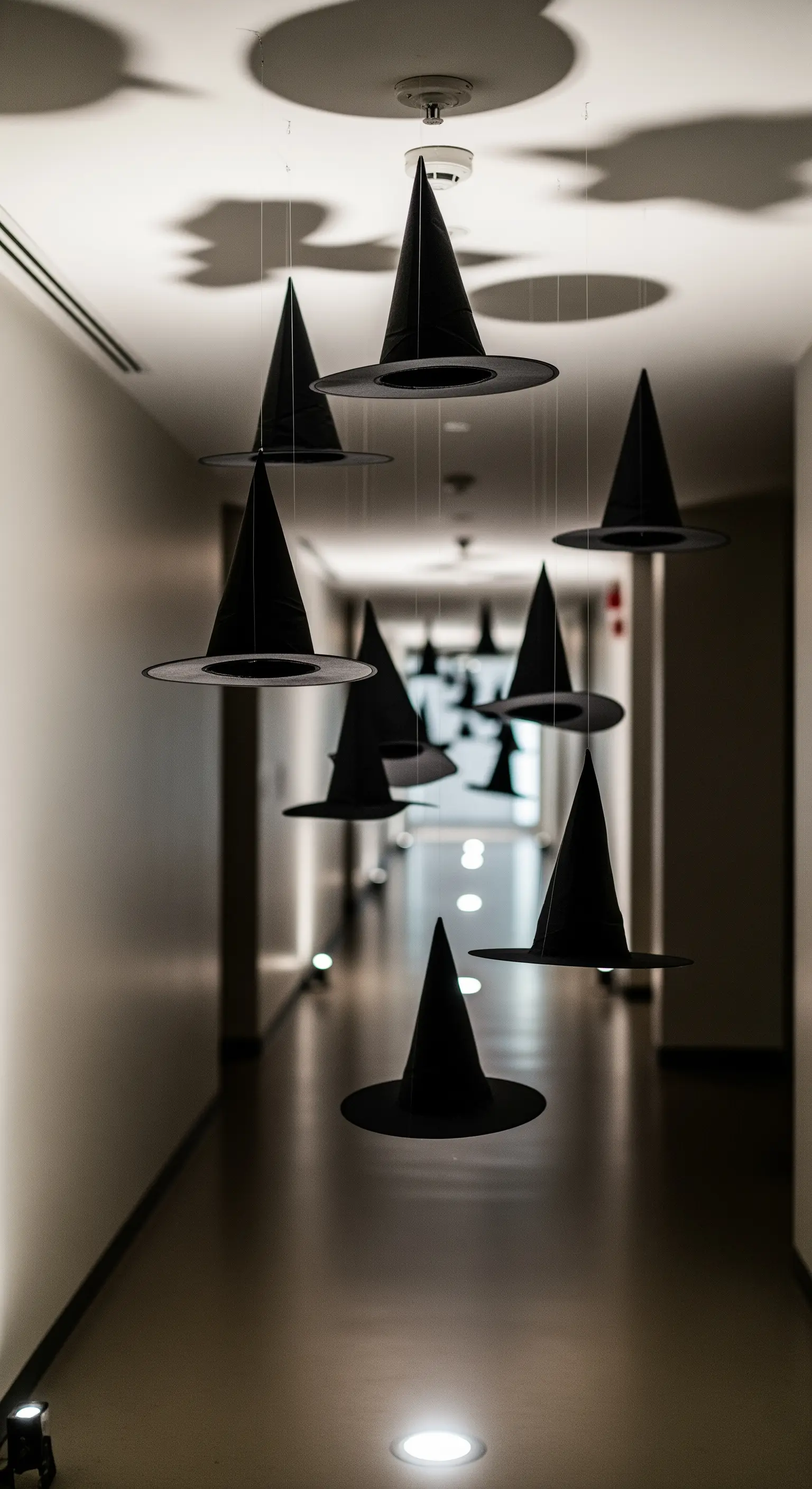 Von der Decke hängende Hexenhüte in einem langen Flur, beleuchtet von unten.