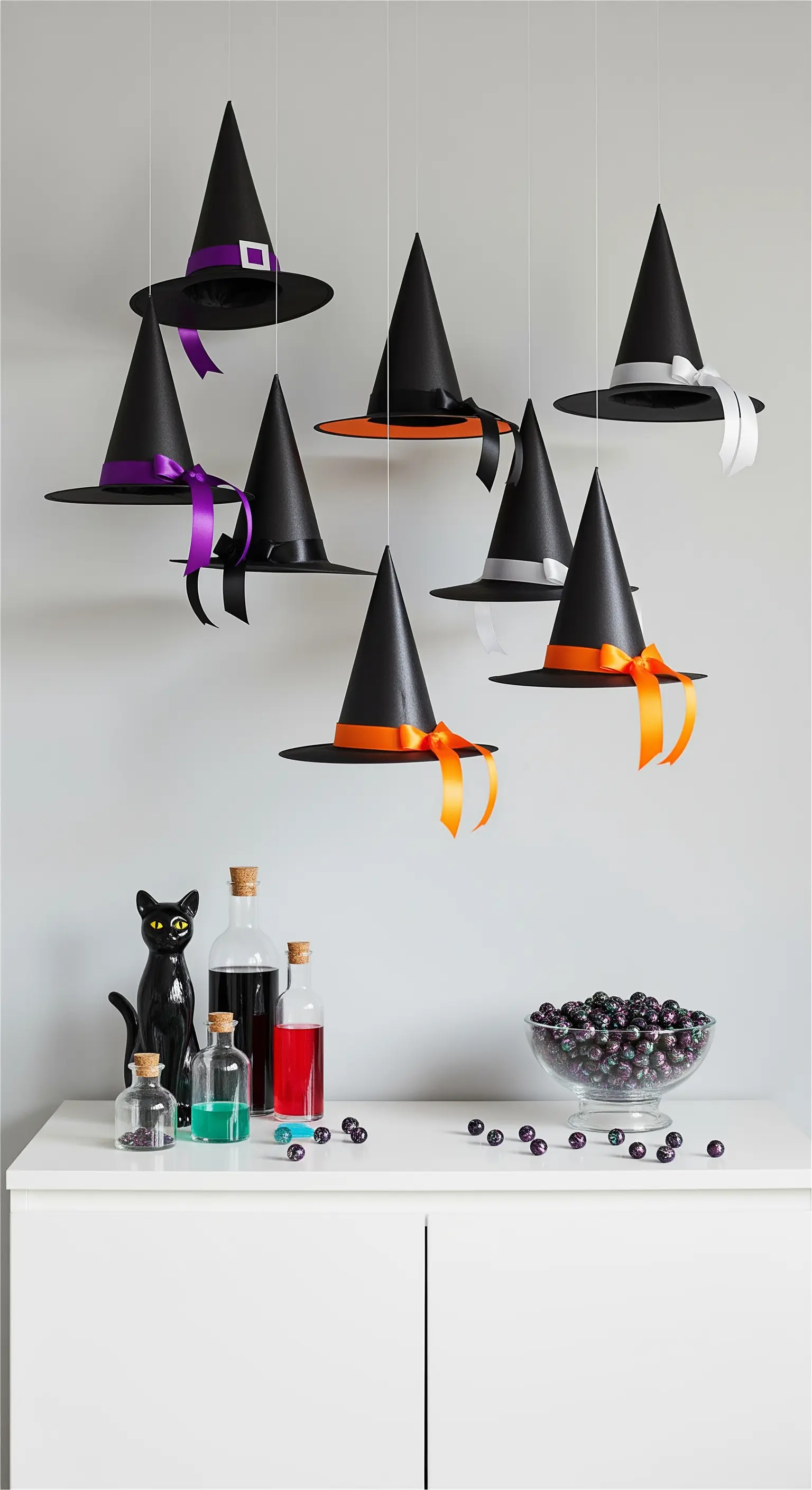 Schwebende schwarze Hexenhüte mit bunten Bändern über einer weißen Kommode.
