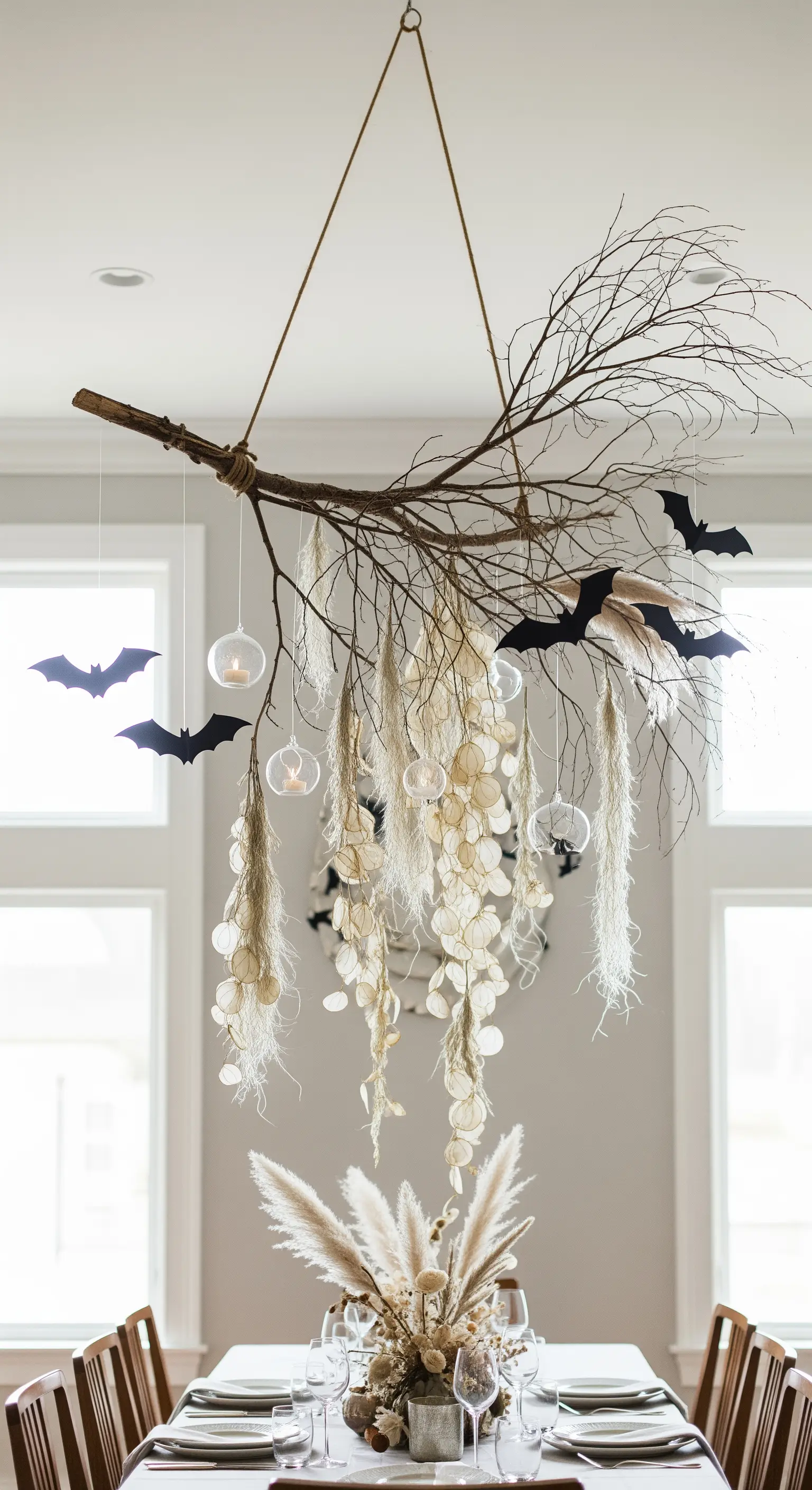 Hängender Ast über dem Esstisch, dekoriert mit Trockenblumen, Lichtern und Fledermäusen.