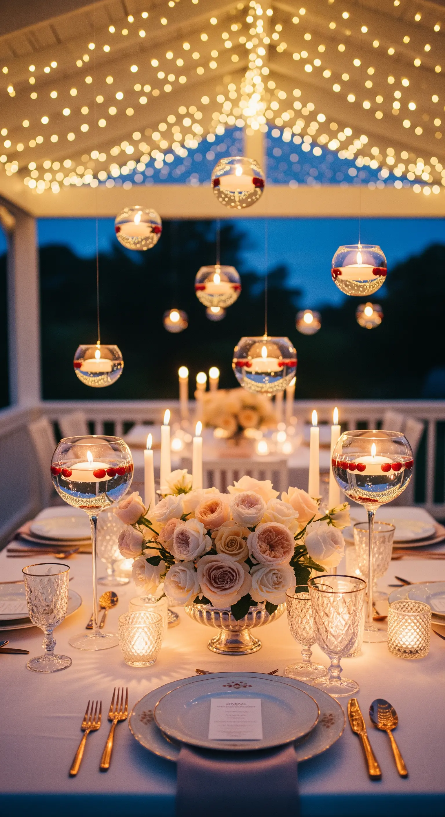 Hängende Glaskugeln mit Schwimmkerzen unter einem Lichterketten-Himmel.