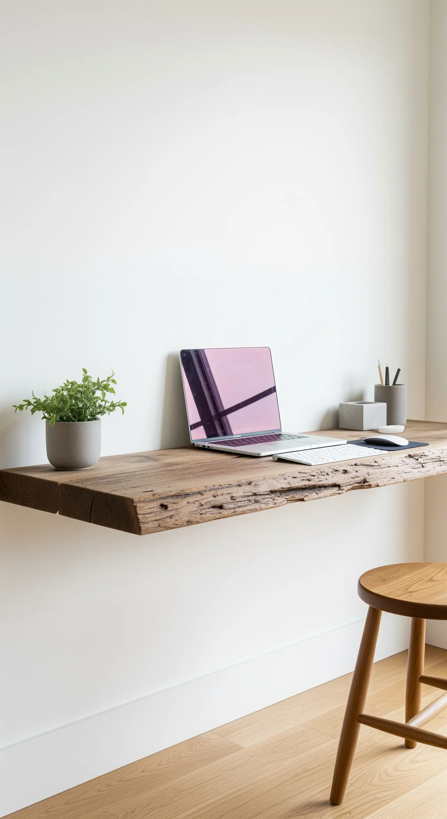 Schwebender Schreibtisch aus einer rustikalen Altholz-Bohle an einer weißen Wand.