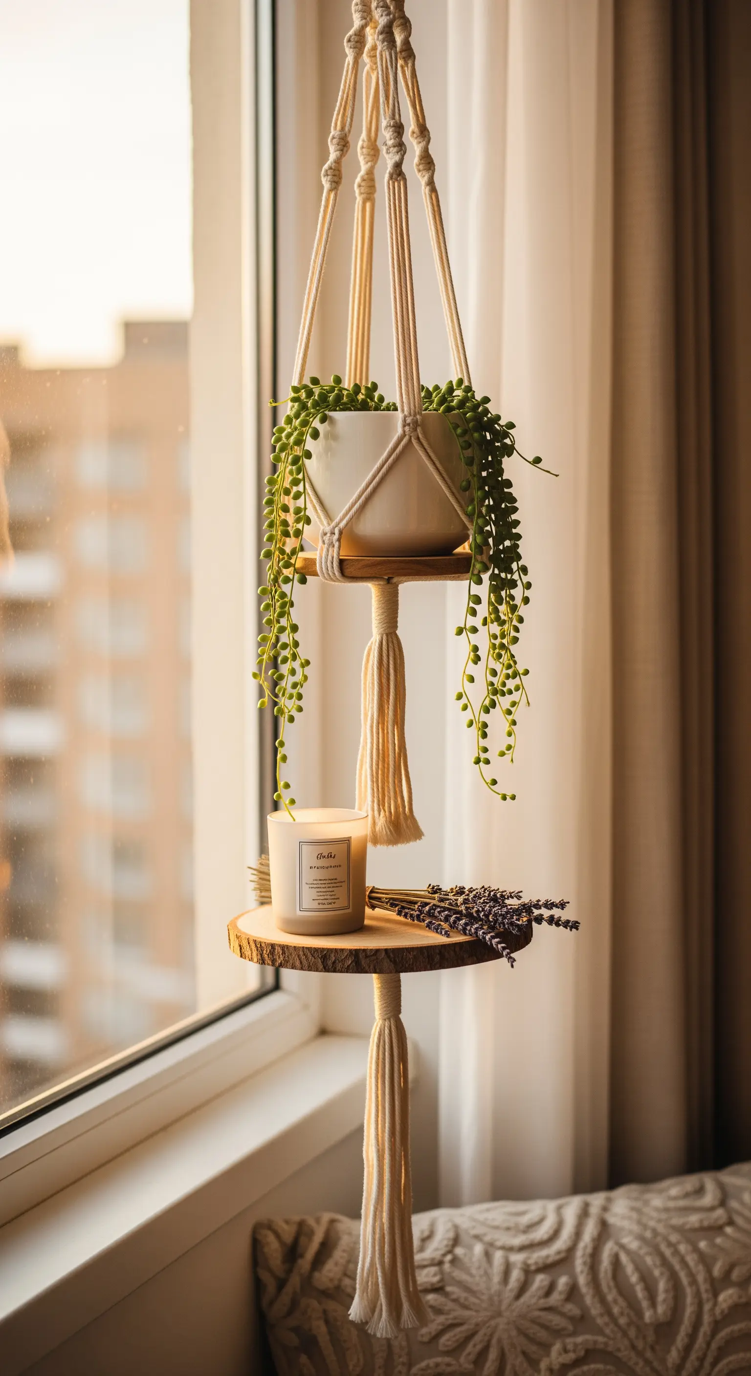 Hängende Makramee-Etagere aus Holz mit einer Erbsenpflanze und einer Duftkerze.