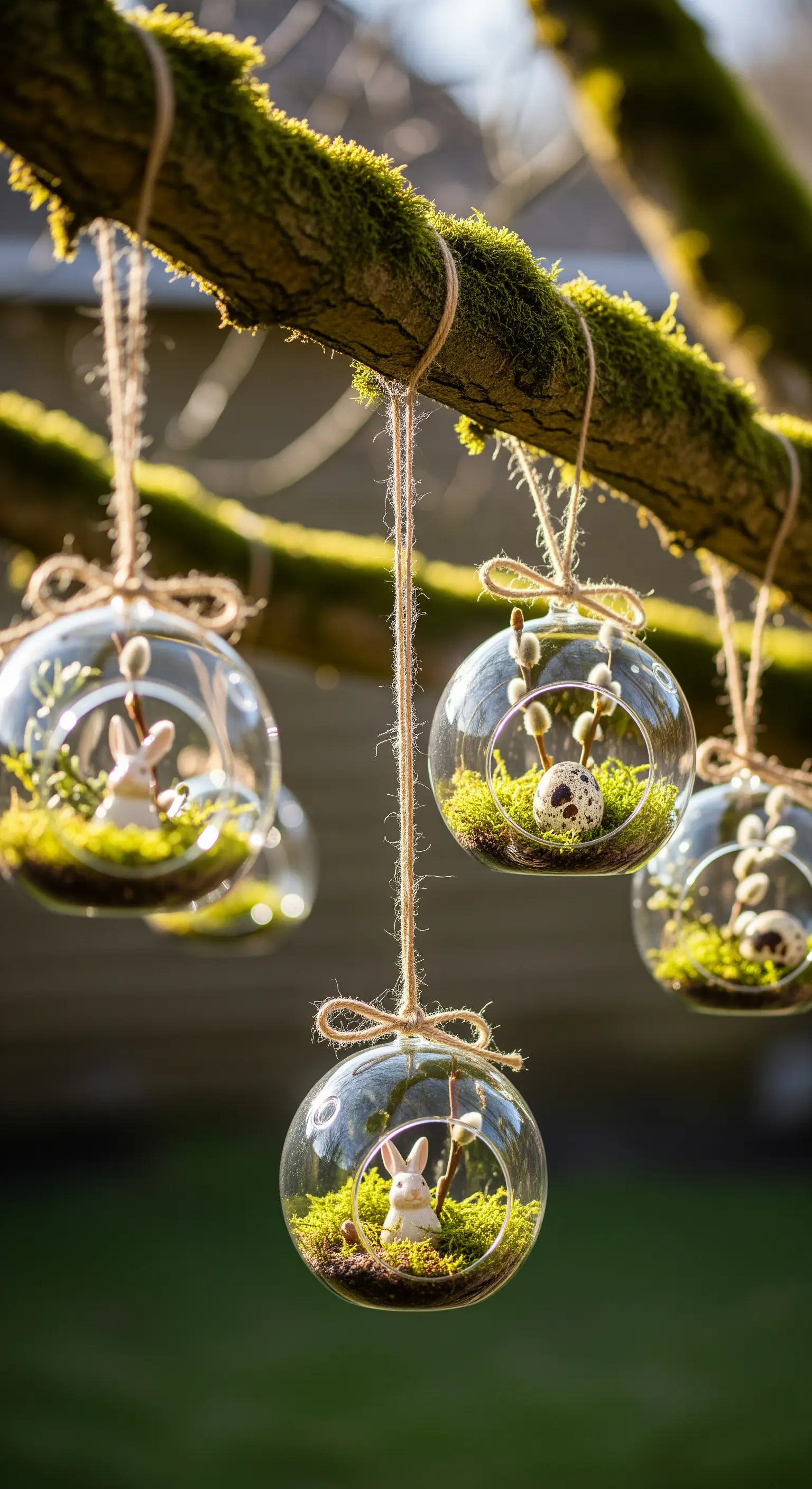 Glaskugeln mit Moos, Weidenkätzchen und Osterhasen hängen an einem Ast.