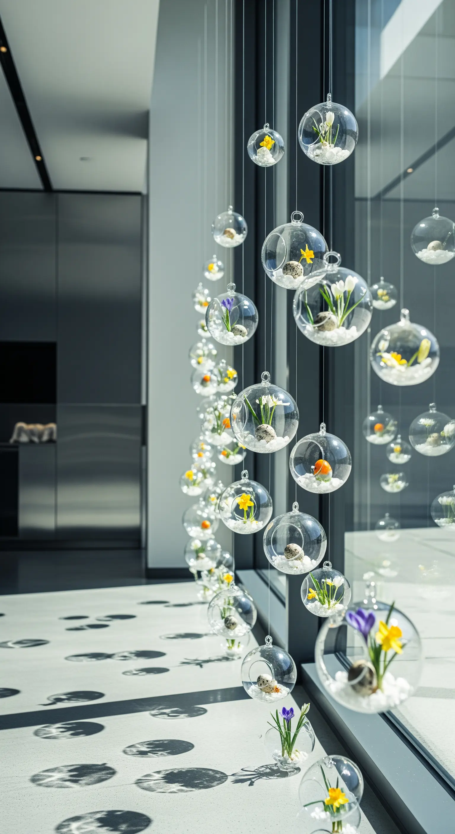 Hängende Glasorbs mit Frühlingsblumen, Kieselsteinen und Mini-Ostereiern