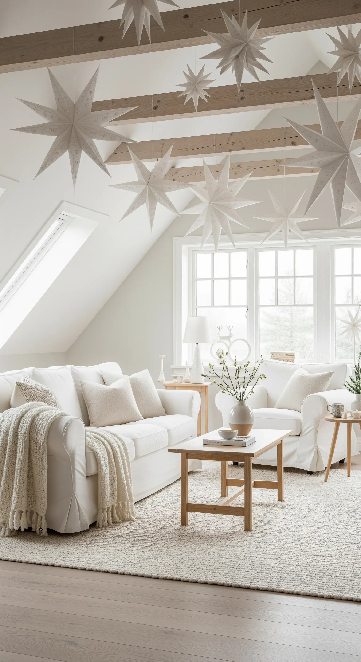 Wohnzimmer mit weißen Sofas und vielen schwebenden Papiersternen an der Decke